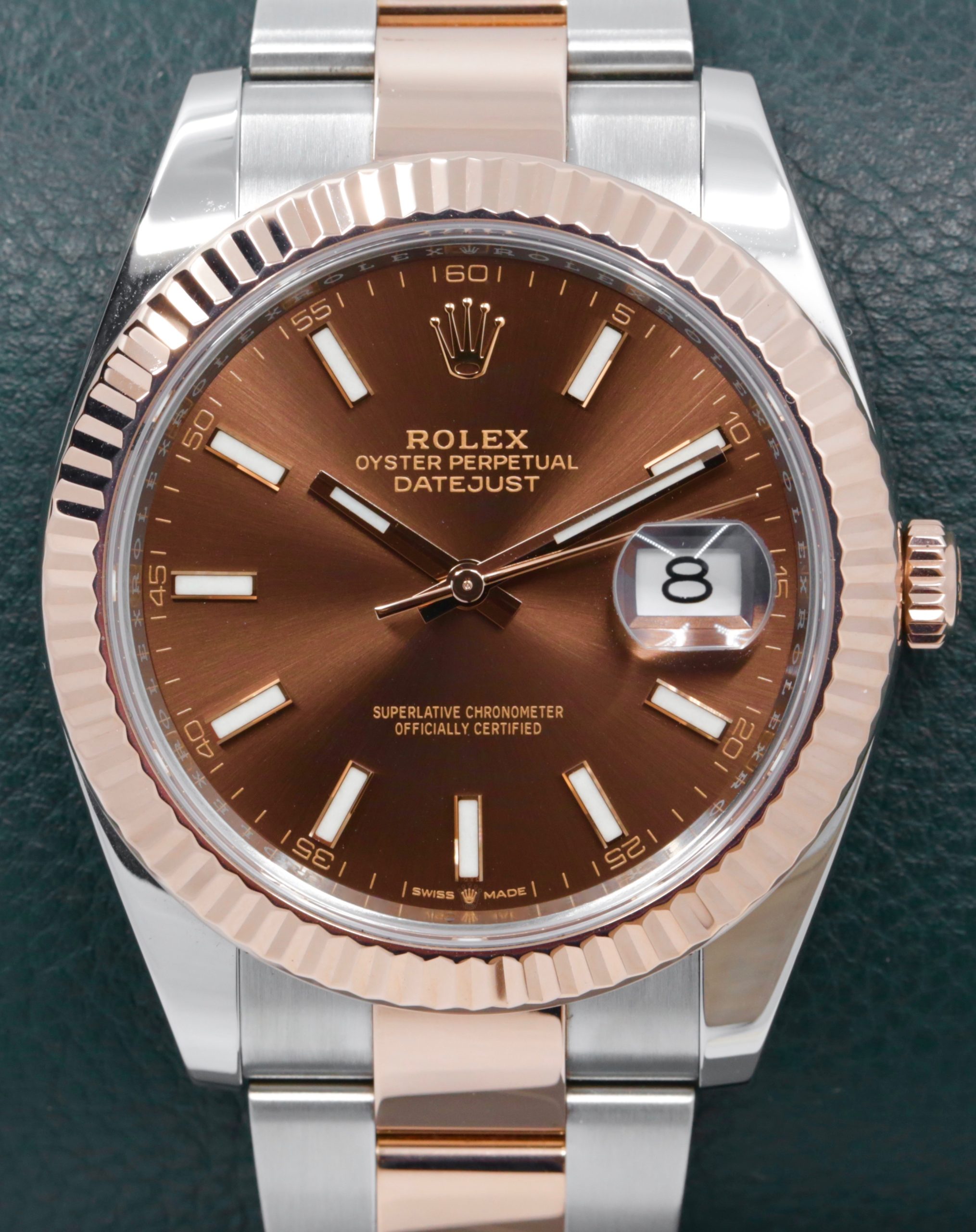 Rolex Datejust 41, Stainless Steel & 18ct Everose Gold, Chocolate Brown Index Dial, on Stainless Steel & 18ct Everose Gold Rolex Oyster Bracelet, Ref. 126331, Circa: 2021, with Box, Books, Rolex Warranty Card, & Balance of 5 Year Rolex Factory Warranty