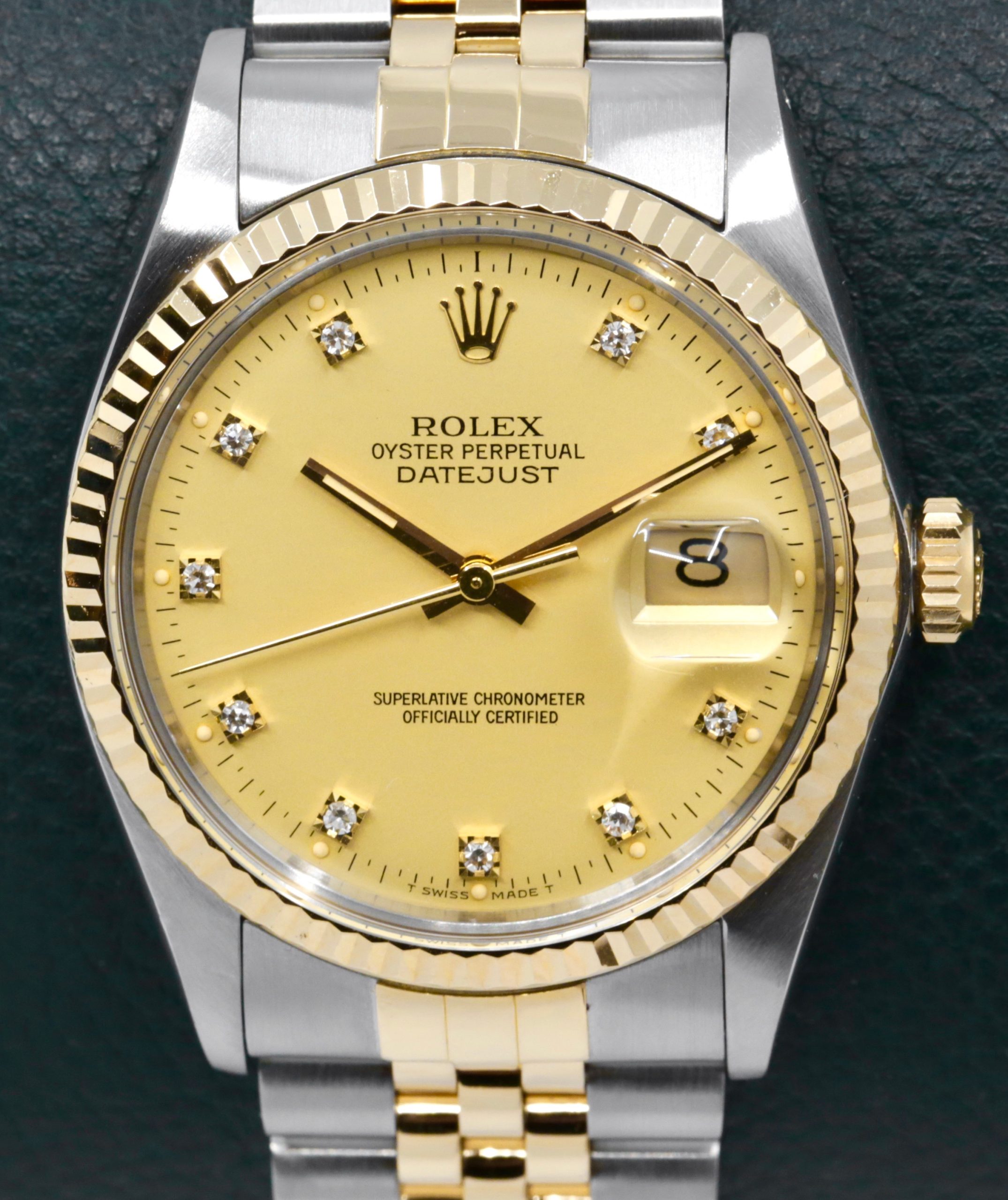 Rolex Oyster Perpetual Datejust in Stainless Steel & 18ct Yellow Gold, Fluted Bezel, Factory Set Champagne Diamond Dial, on Stainless Steel & 18ct Yellow Gold Rolex Jubilee Bracelet, Ref. 16013, Circa: 1986, Box & Books, Rolex Service Card