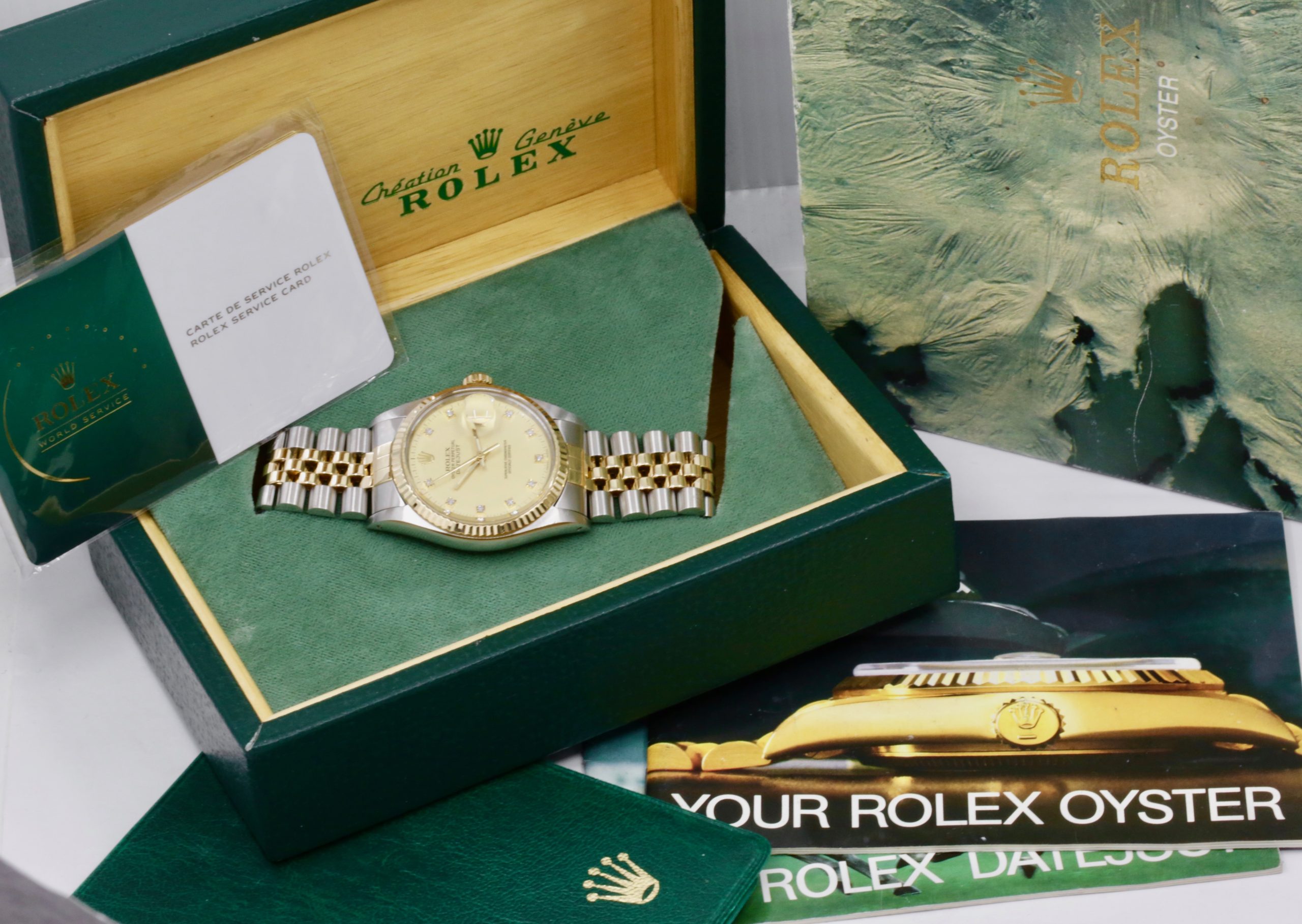 Rolex Oyster Perpetual Datejust in Stainless Steel & 18ct Yellow Gold, Fluted Bezel, Factory Set Champagne Diamond Dial, on Stainless Steel & 18ct Yellow Gold Rolex Jubilee Bracelet, Ref. 16013, Circa: 1986, Box & Books, Rolex Service Card - Image 8
