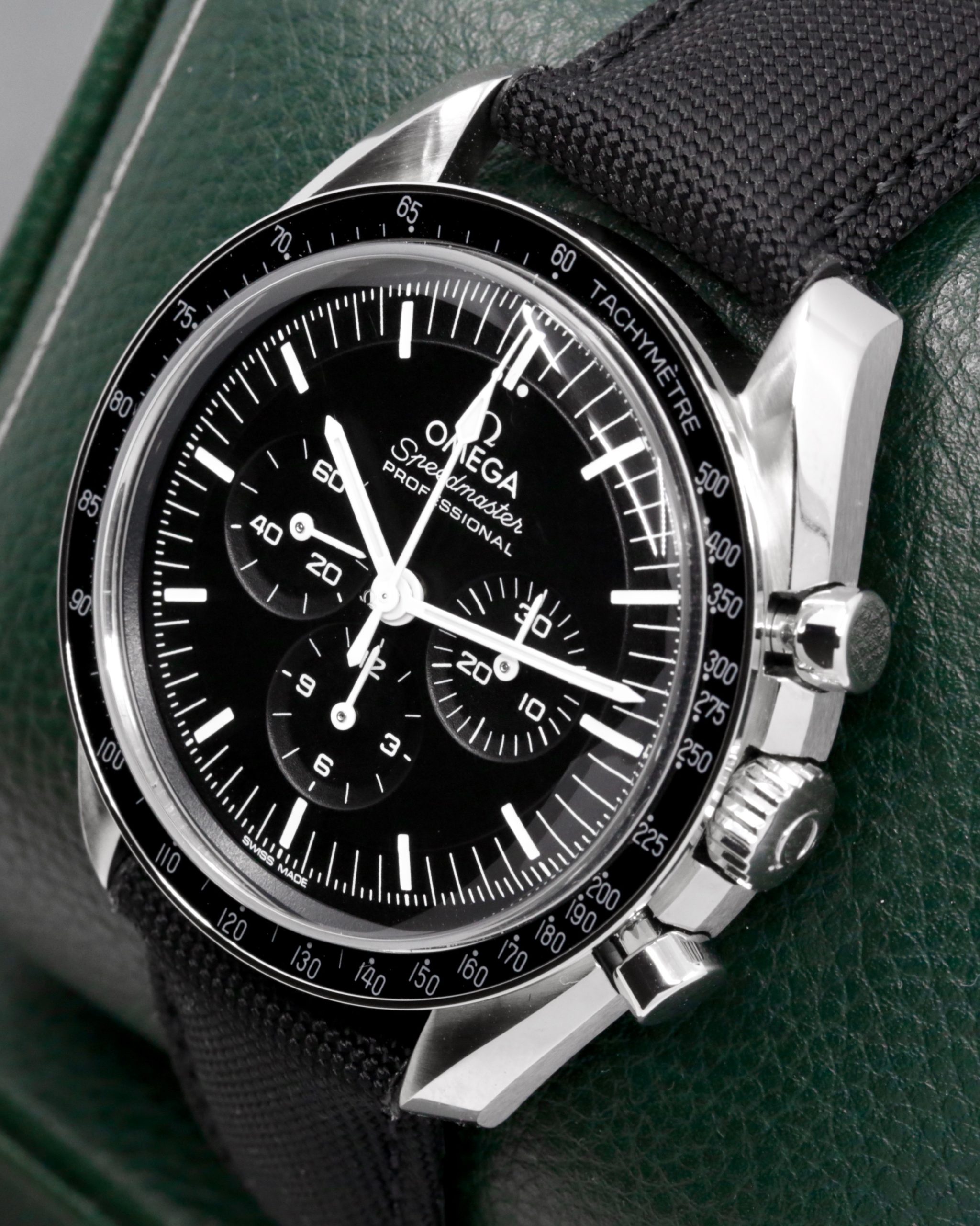 Omega Speedmaster Professional, "Moonwatch", Stainless Steel, Black Index Dial, Hesalite Crystal, on Black Omega Fabric Strap with Stainless Steel Omega Deployant, Ref. 310.32.42.50.01.001, Circa: 2021, with Box, Book, Omega Warranty Card & Balance of 5 Year Omega Factory Warranty - Image 3