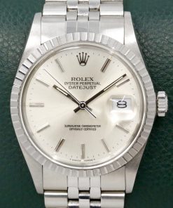 Rolex Oyster Perpetual Datejust, Stainless Steel, Notched Bezel, Silver Index Dial, on Stainless Steel Rolex Jubilee Bracelet, Ref. 16030, Circa: 1987