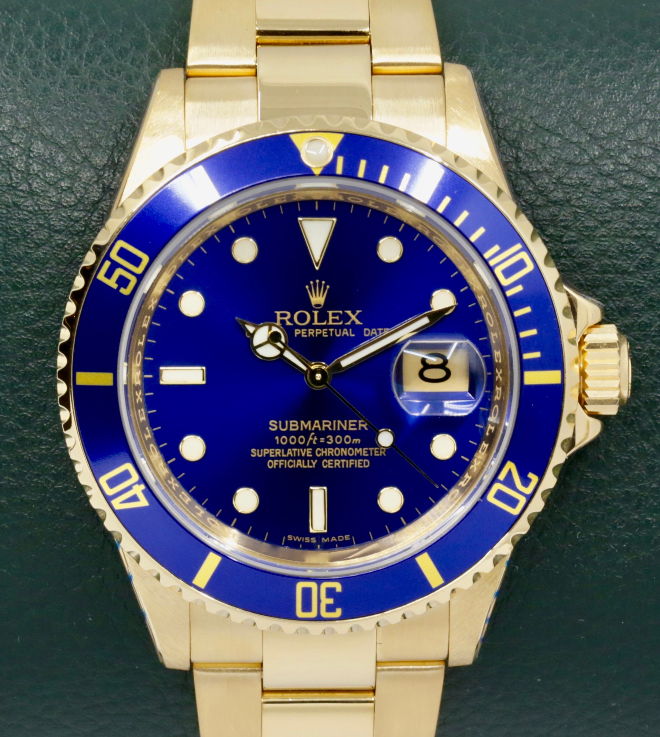Rolex Oyster Perpetual Submariner Date, in 18ct Yellow Gold, with Blue Index Dial, Blue Aluminum Bezel, on 18ct Yellow Gold Rolex Oyster Bracelet, Ref. 16618, Circa: 2006, with Box, Rolex Service Card & Balance of 2 Year Rolex Service Warranty - Image 4