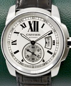 Cartier Calibre de Cartier in Stainless Steel, Silver Roman Dial with Sub Seconds, on a Black Alligator Cartier Strap with Stainless Steel Deployant, Ref: 3389 - $3,800!!