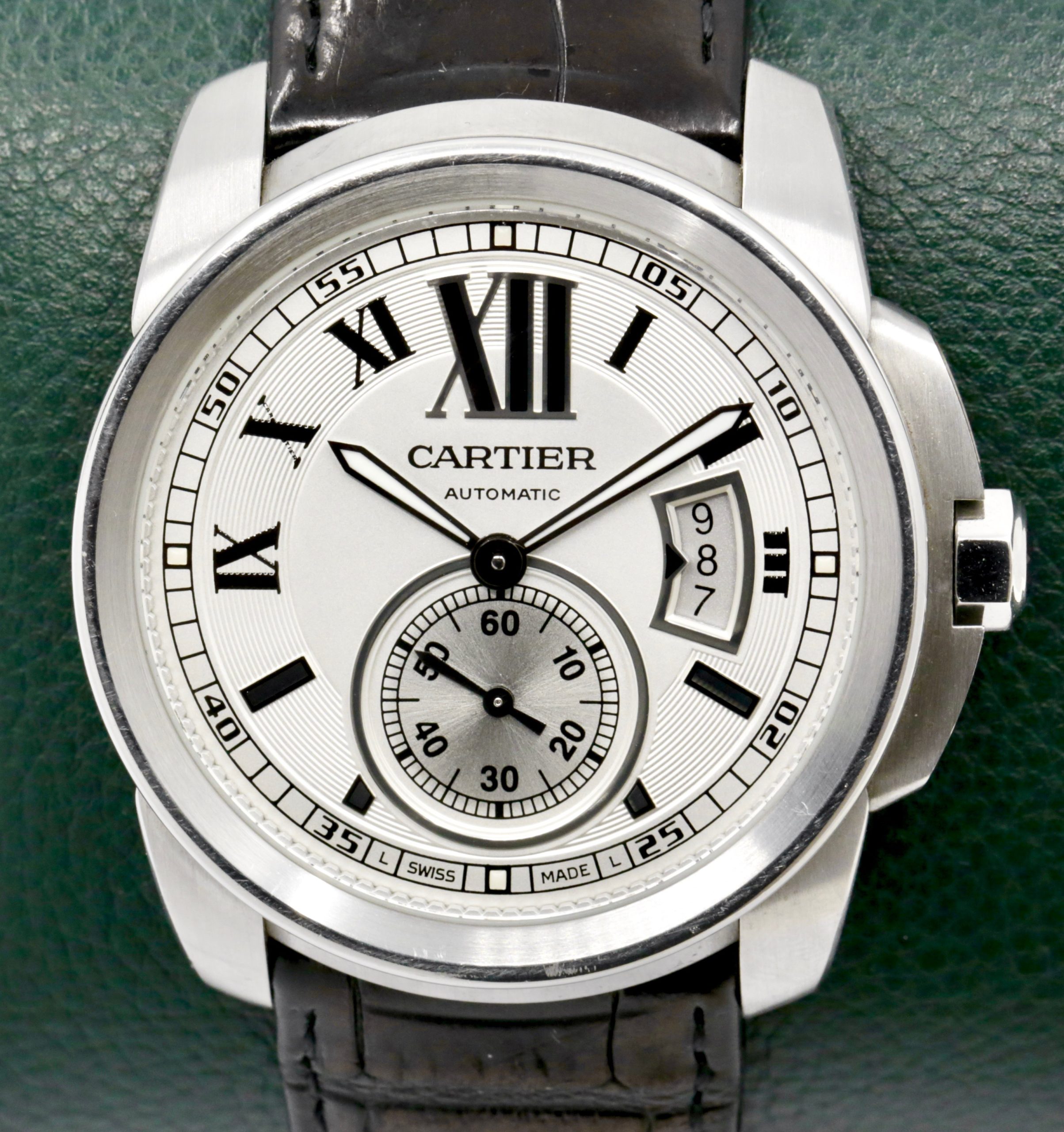 Cartier Calibre de Cartier in Stainless Steel, Silver Roman Dial with Sub Seconds, on a Black Alligator Cartier Strap with Stainless Steel Deployant, Ref: 3389 - $3,800!!
