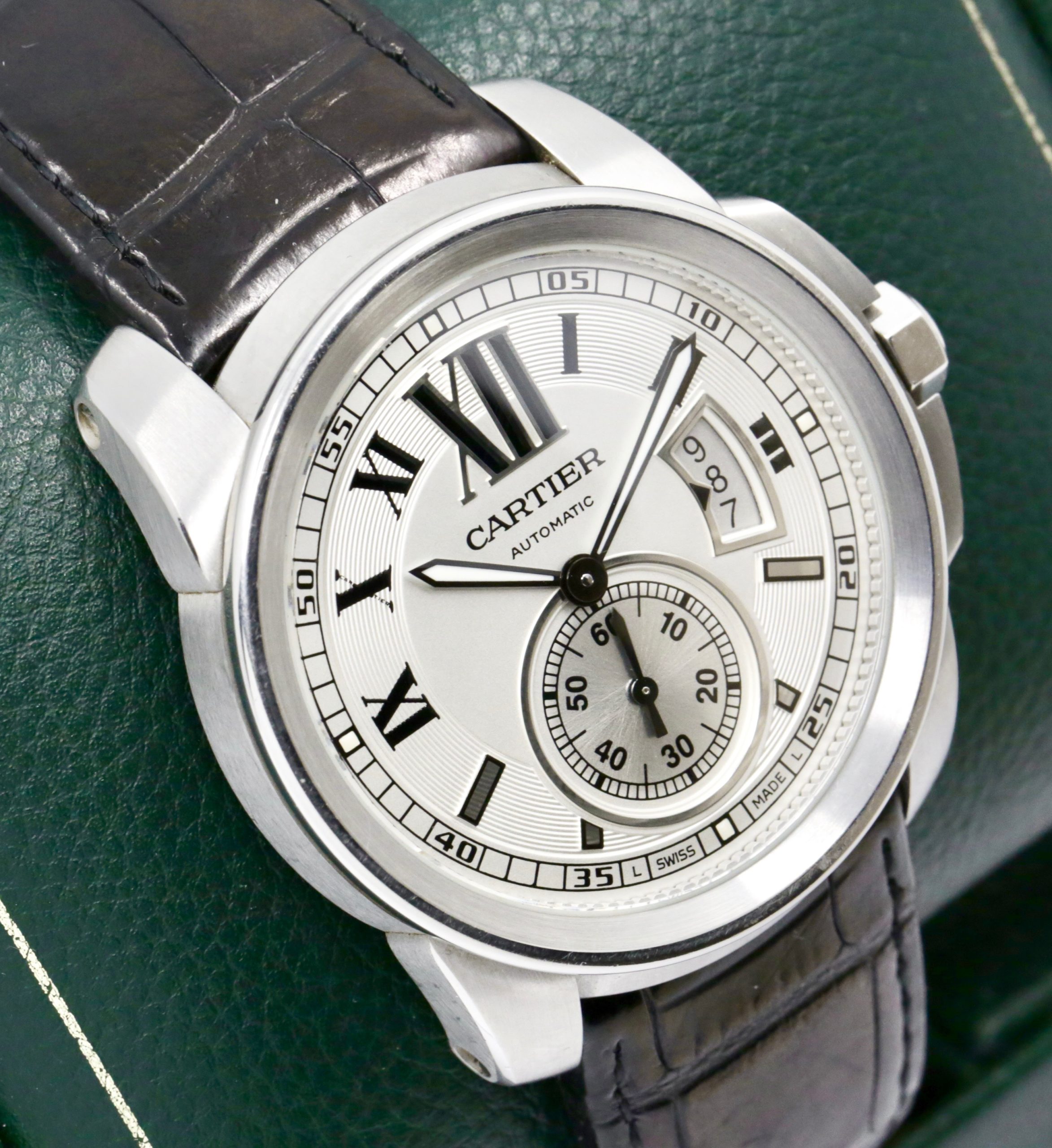 Cartier Calibre de Cartier in Stainless Steel, Silver Roman Dial with Sub Seconds, on a Black Alligator Cartier Strap with Stainless Steel Deployant, Ref: 3389 - $3,800!! - Image 3