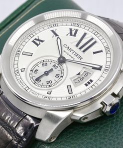 Alternative view of Cartier Calibre de Cartier in Stainless Steel, Silver Roman Dial with Sub Seconds, on a Black Alligator Cartier Strap with Stainless Steel Deployant, Ref: 3389 - $3,800!!