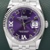 Rolex Oyster Perpetual Datejust 36 in Stainless Steel,18ct White Gold Fluted Bezel, Purple Roman Dial with Factory Set Diamonds on 6 & 9, Rolex Jubilee Bracelet, Ref. 126234, Ca: 2020, Box, Books, Green & White Swing Tags, & Rolex Warranty Card
