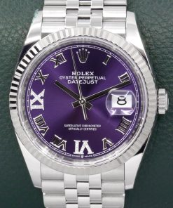 Rolex Oyster Perpetual Datejust 36 in Stainless Steel,18ct White Gold Fluted Bezel, Purple Roman Dial with Factory Set Diamonds on 6 & 9, Rolex Jubilee Bracelet, Ref. 126234, Ca: 2020, Box, Books, Green & White Swing Tags, & Rolex Warranty Card