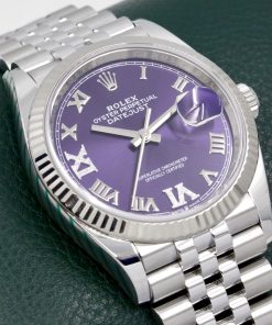Alternative view of Rolex Oyster Perpetual Datejust 36 in Stainless Steel,18ct White Gold Fluted Bezel, Purple Roman Dial with Factory Set Diamonds on 6 & 9, Rolex Jubilee Bracelet, Ref. 126234, Ca: 2020, Box, Books, Green & White Swing Tags, & Rolex Warranty Card