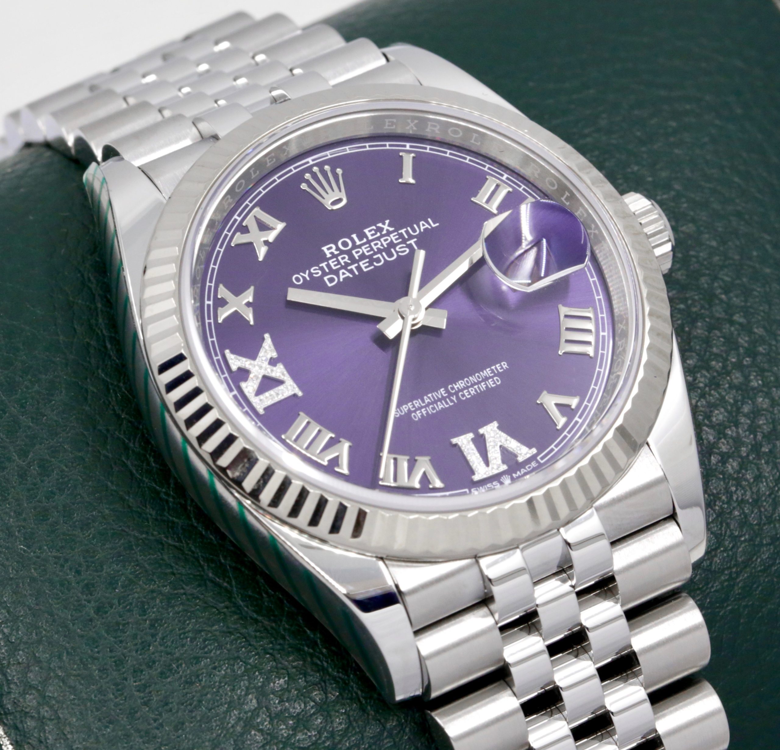 Rolex Oyster Perpetual Datejust 36 in Stainless Steel,18ct White Gold Fluted Bezel, Purple Roman Dial with Factory Set Diamonds on 6 & 9, Rolex Jubilee Bracelet, Ref. 126234, Ca: 2020, Box, Books, Green & White Swing Tags, & Rolex Warranty Card - Image 2
