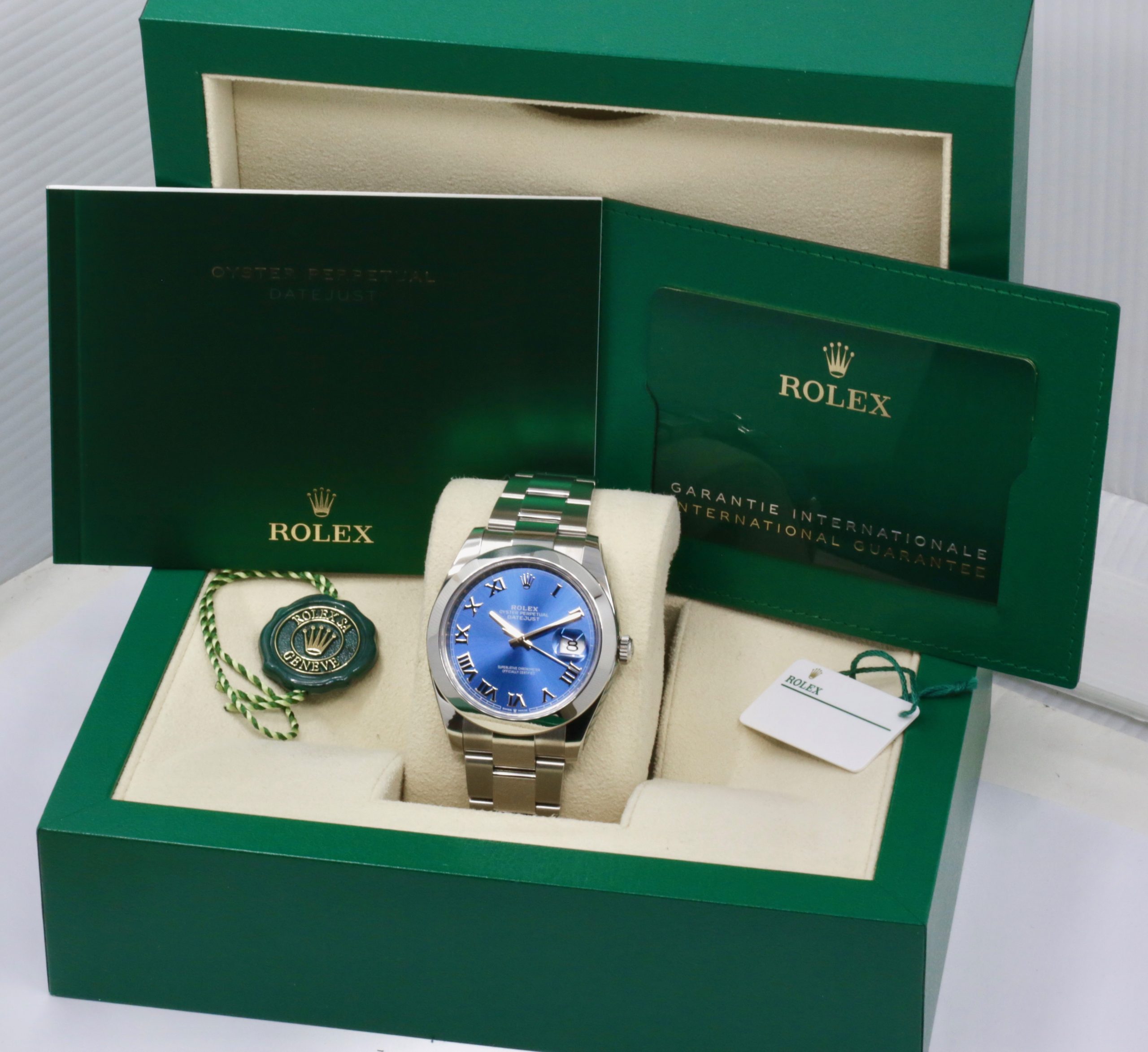 Rolex Oyster Perpetual Datejust 41, Stainless Steel, Azzurro Blue Roman Dial, Smooth Bezel, on Stainless Steel Rolex Oyster Bracelet, Ref. 126300, Circa: 2021, Complete with Box, Books, Rolex Warranty Card & Balance of 5 Year Rolex Factory Warranty - $12,850!! - Image 7