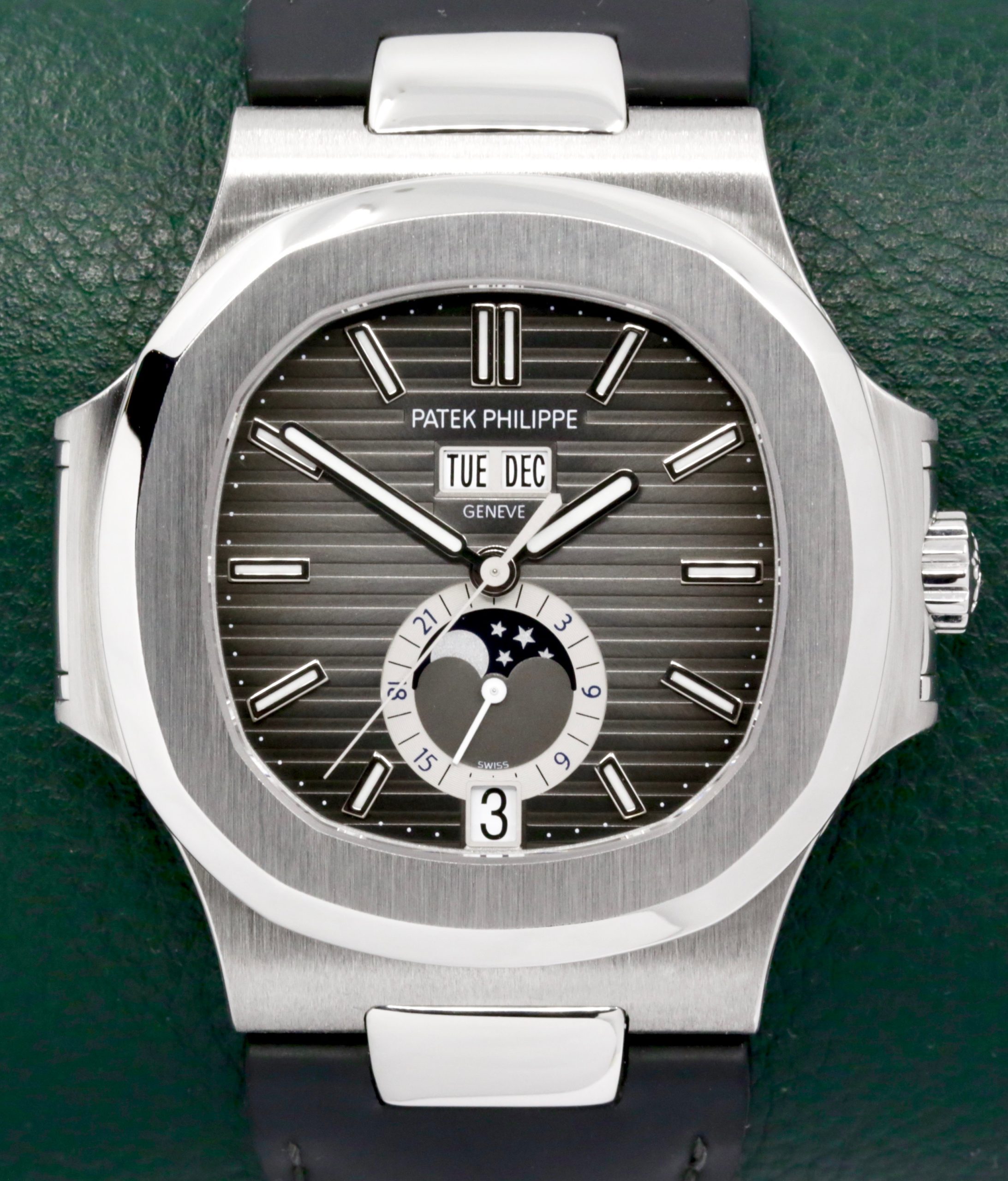 Patek Philippe Nautilus, Annual Calendar & Moon Phase, in Stainless Steel, Black Index Dial, on Black Patek Philippe Leather Strap with Stainless Steel Patek Philippe Deployant, Ref. 5726A, Circa: 2010, with Box, Papers, & Balance of 2 Year Patek Philippe Service Warranty