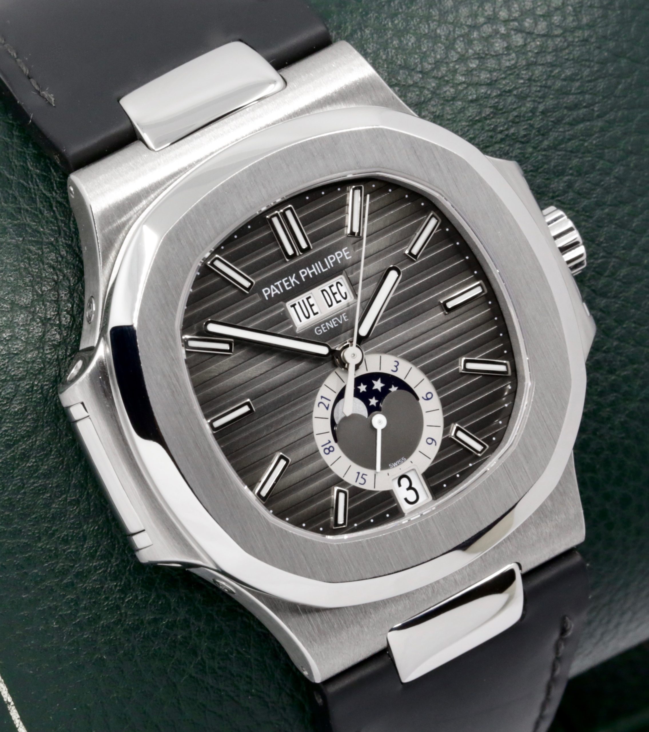 Patek Philippe Nautilus, Annual Calendar & Moon Phase, in Stainless Steel, Black Index Dial, on Black Patek Philippe Leather Strap with Stainless Steel Patek Philippe Deployant, Ref. 5726A, Circa: 2010, with Box, Papers, & Balance of 2 Year Patek Philippe Service Warranty - Image 3