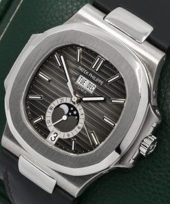Alternative view of Patek Philippe Nautilus, Annual Calendar & Moon Phase, in Stainless Steel, Black Index Dial, on Black Patek Philippe Leather Strap with Stainless Steel Patek Philippe Deployant, Ref. 5726A, Circa: 2010, with Box, Papers, & Balance of 2 Year Patek Philippe Service Warranty