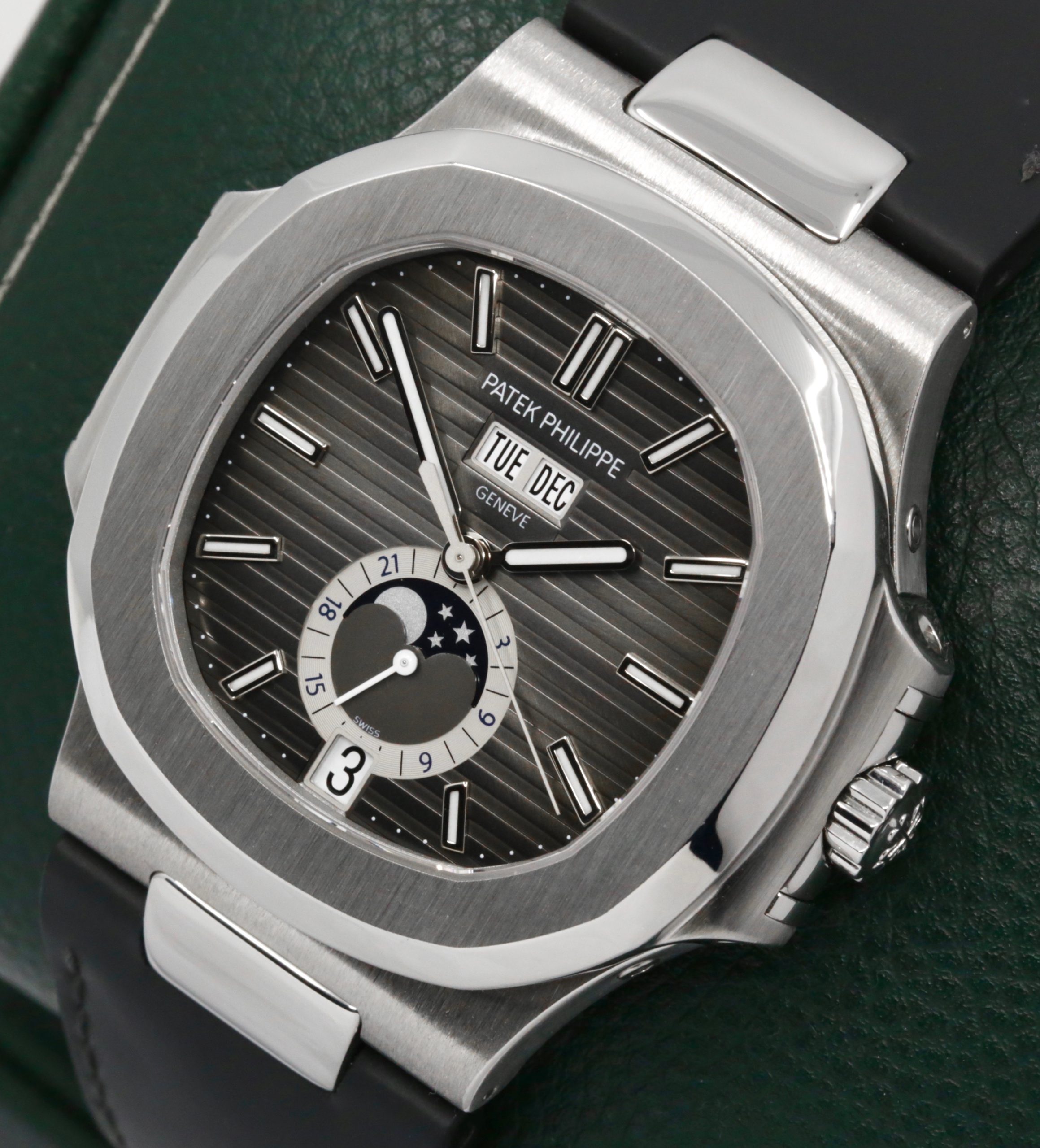 Patek Philippe Nautilus, Annual Calendar & Moon Phase, in Stainless Steel, Black Index Dial, on Black Patek Philippe Leather Strap with Stainless Steel Patek Philippe Deployant, Ref. 5726A, Circa: 2010, with Box, Papers, & Balance of 2 Year Patek Philippe Service Warranty - Image 2
