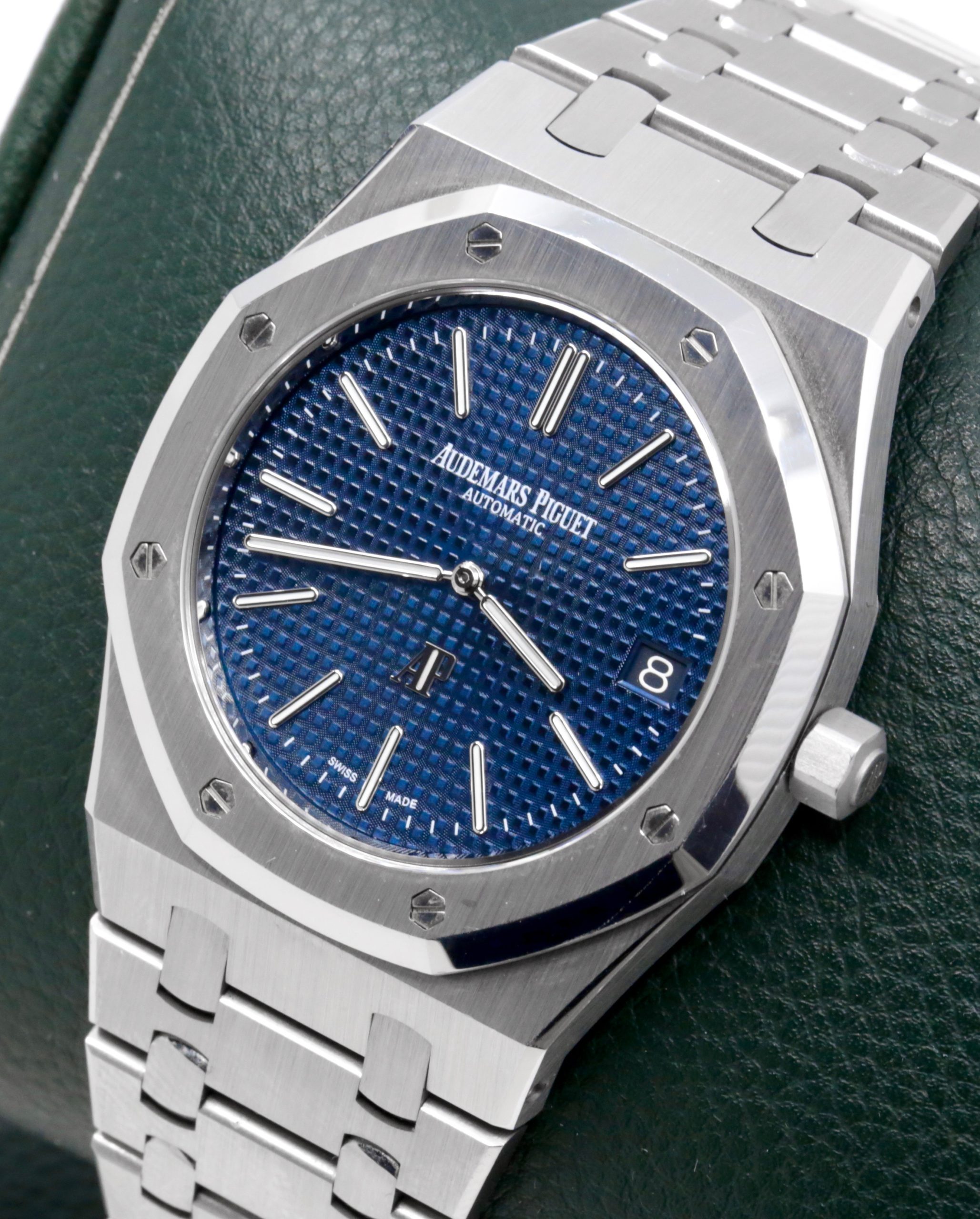 Audemars Piguet Royal Oak Ultra-Thin, 39mm "Jumbo", Stainless Steel, with Blue "Petite Tapisserie" Index Dial, on Stainless Steel Audemars Piguet Royal Oak Bracelet, Ref. 15202ST.OO.1240ST.01, with Box, Books, & Audemars Piguet Warranty Card - Image 3