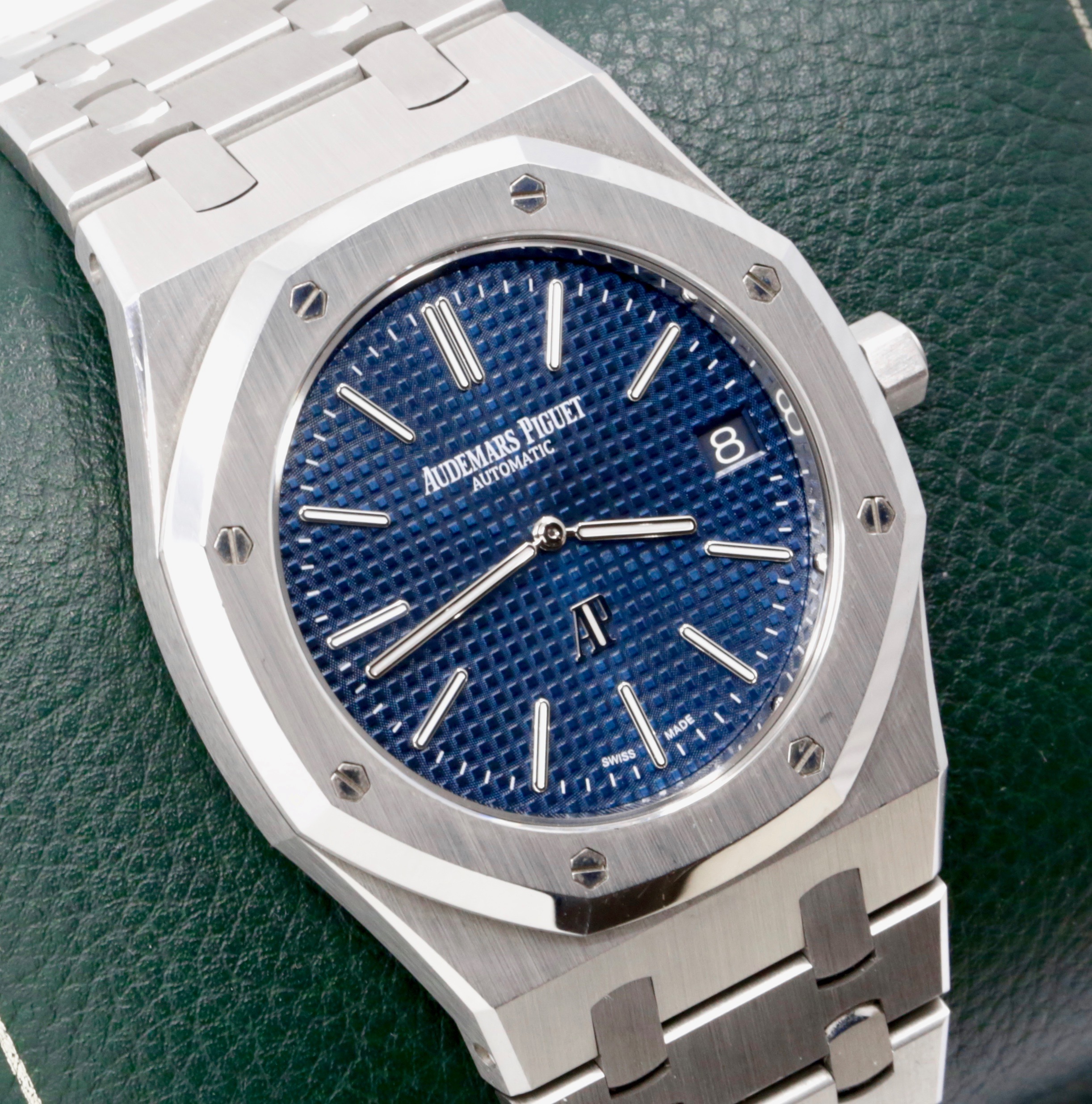 Audemars Piguet Royal Oak Ultra-Thin, 39mm "Jumbo", Stainless Steel, with Blue "Petite Tapisserie" Index Dial, on Stainless Steel Audemars Piguet Royal Oak Bracelet, Ref. 15202ST.OO.1240ST.01, with Box, Books, & Audemars Piguet Warranty Card