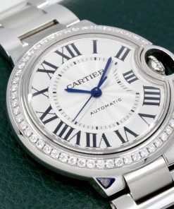 Cartier Ballon Bleu de Cartier Watch, in Stainless Steel, with 50 Brilliant Cut Diamonds Factory Set on the Bezel, Silver Roman Dial, on Stainless Steel Cartier Bracelet, Ref. CRW4BB0016, Circa: 2017, with Cartier Box & Extra Pink Alligator Cartier Strap - $9,900!!!