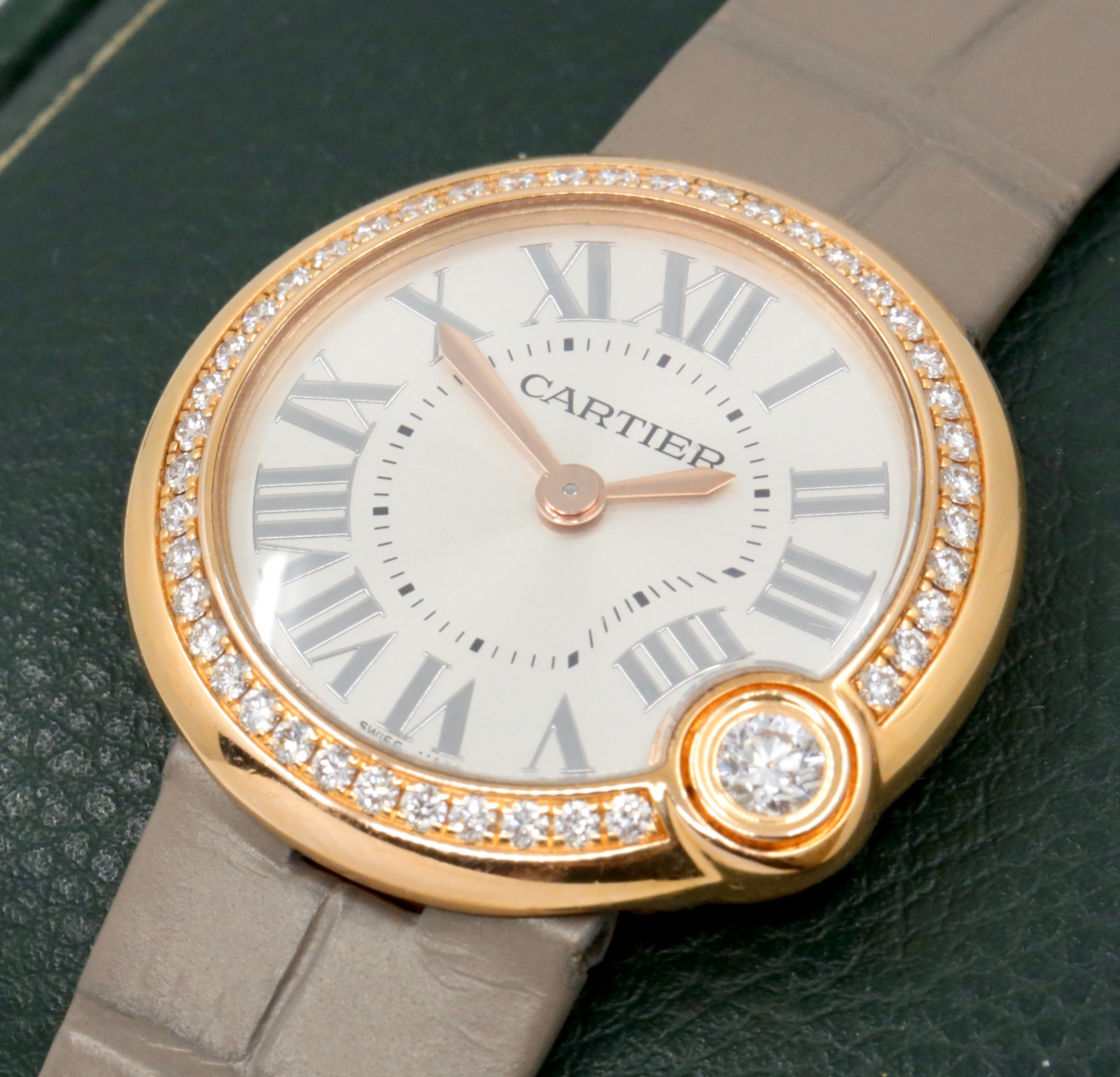 Cartier Ballon Blanc de Cartier Watch, in 18ct Rose Gold, Factory Set Diamond Bezel, Silver Roman Dial, on Grey Cartier Alligator Strap with 18ct Rose Gold Cartier Tang Buckle, Ref. WJBL0008, Circa: 2018, with Cartier Box & Booklet - Image 2