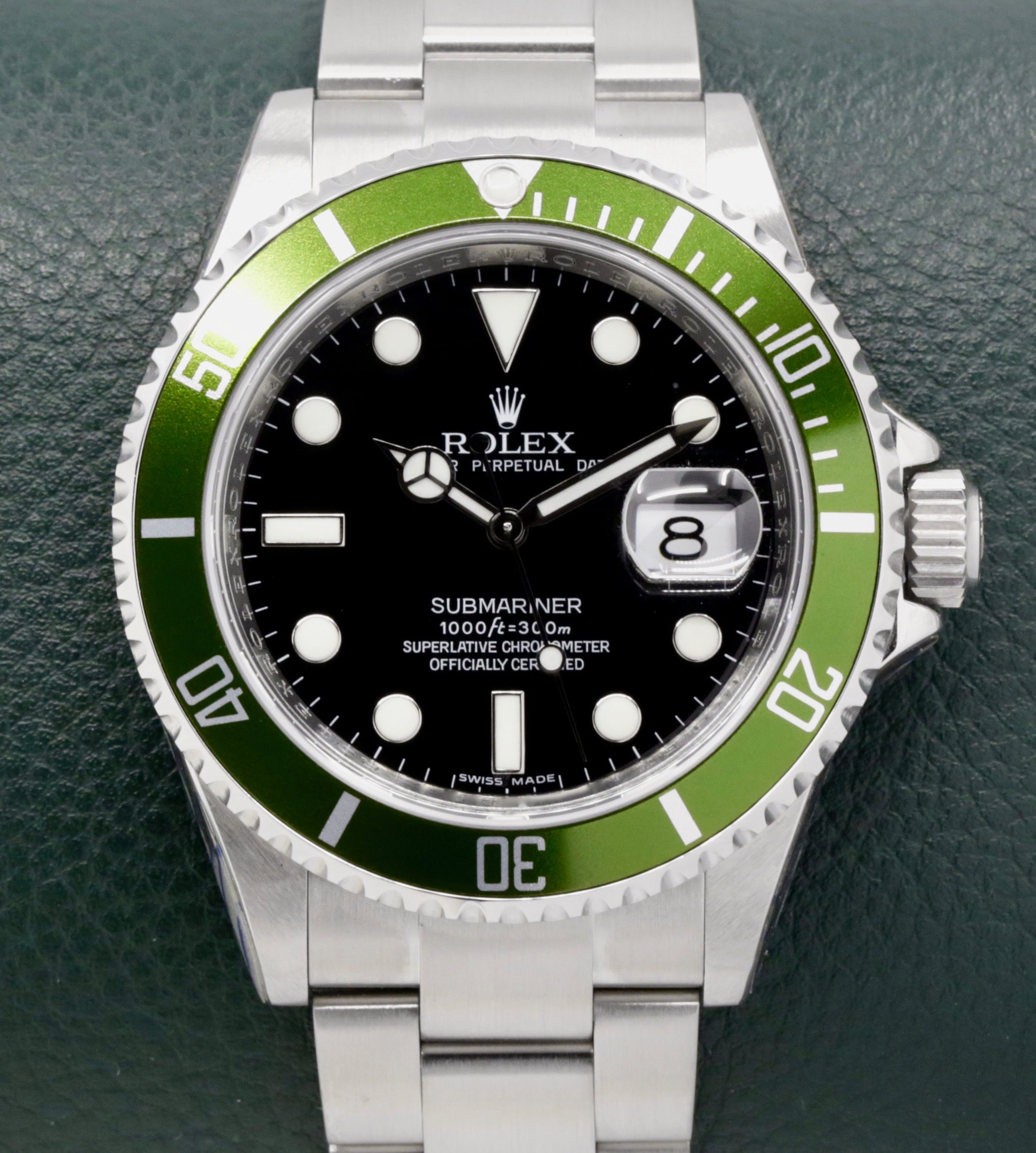 Rolex Oyster Perpetual Submariner Date "Kermit", Stainless Steel, Green Aluminum Bezel, Black Index Dial, on Stainless Steel Rolex Oyster Bracelet, Ref. 16610LV, Sold New in Japan in 2008, with Box, Books, Swing Tag, Rolex Service Card & Original Purchase Receipt