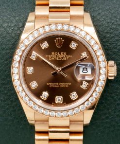 Rolex Lady-Datejust 28, in 18ct Everose Gold, Factory Set Diamond Bezel, Factory Set Chocolate Dial, on 18ct Everose Gold Rolex President Bracelet, Ref. 279135RBR, with Rolex Box.  (The RRP is $74,400).