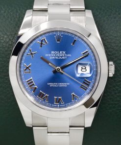 Rolex Oyster Perpetual Datejust 41, Stainless Steel, Azzurro Blue Roman Dial, Smooth Bezel, on Stainless Steel Rolex Oyster Bracelet, Ref. 126300, Circa: 2020, with Box, Books, Rolex Warranty Card & Balance of 5 Year Rolex Factory Warranty