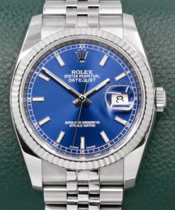 Rolex Datejust 36, in Stainless Steel, Blue Index Dial, 18ct White Gold Fluted Bezel, Roulette Date Wheel, on Stainless Steel Rolex Jubilee Bracelet, Ref. 116234, Circa: 2016, with Box, Books, & Rolex Warranty Card