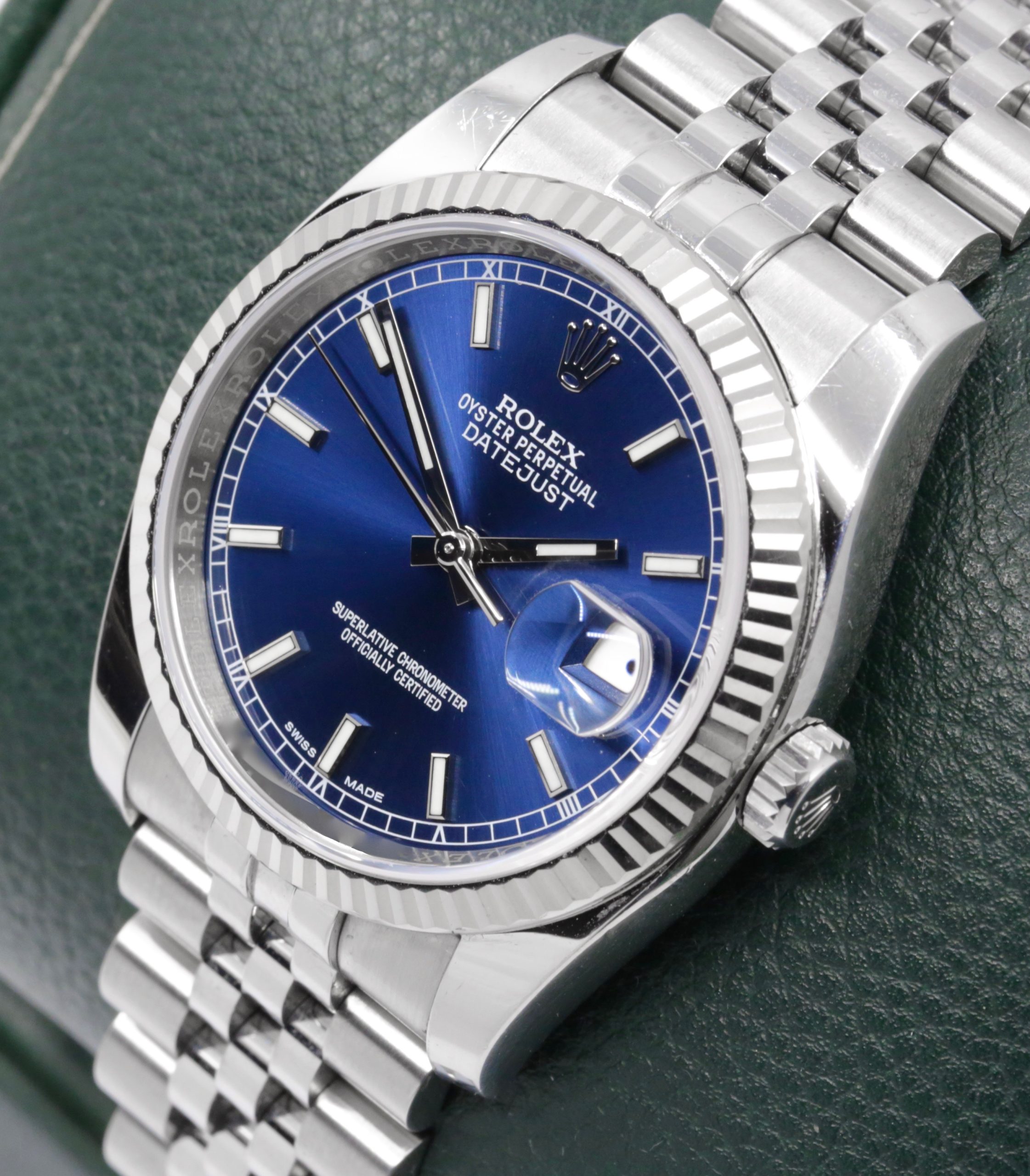 Rolex Datejust 36, in Stainless Steel, Blue Index Dial, 18ct White Gold Fluted Bezel, Roulette Date Wheel, on Stainless Steel Rolex Jubilee Bracelet, Ref. 116234, Circa: 2016, with Box, Books, & Rolex Warranty Card - Image 3