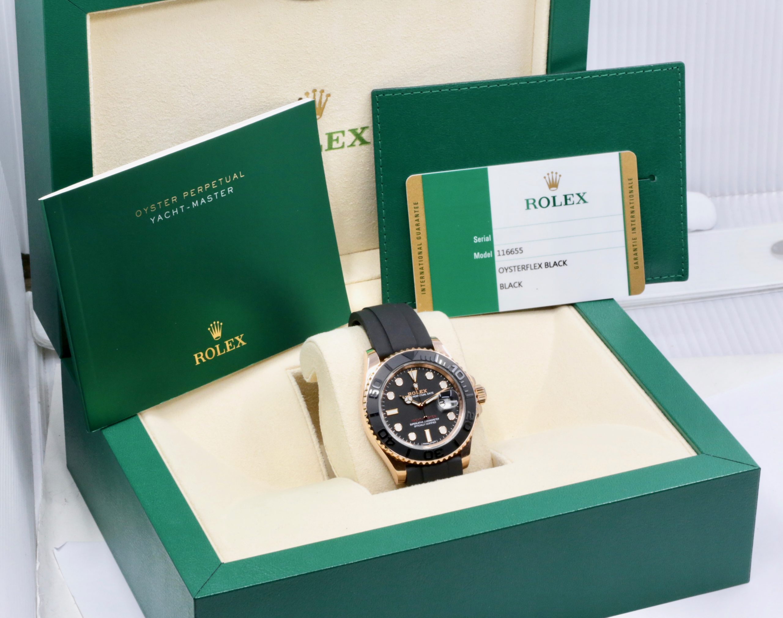 Rolex Yacht-Master 40, in 18ct Everose Gold, Black Index Dial, Black Ceramic Bezel, on Rolex Oysterflex Band with 18ct Everose Gold Rolex Deployant, Ref. 116655, Circa: 2016, with Box, Books, & Rolex Warranty Card - Image 7