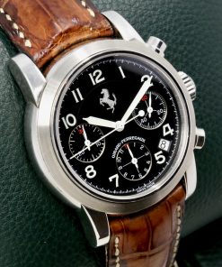 Alternative view of Girard Perregaux Ferrari Chronograph, in stainless steel, Black Arab dial with date on a brown alligator band with a GP tang buckle. Automatic GP2280 movement, Ref: 8020, Circa: 1998, with Box & Papers - As Traded!!