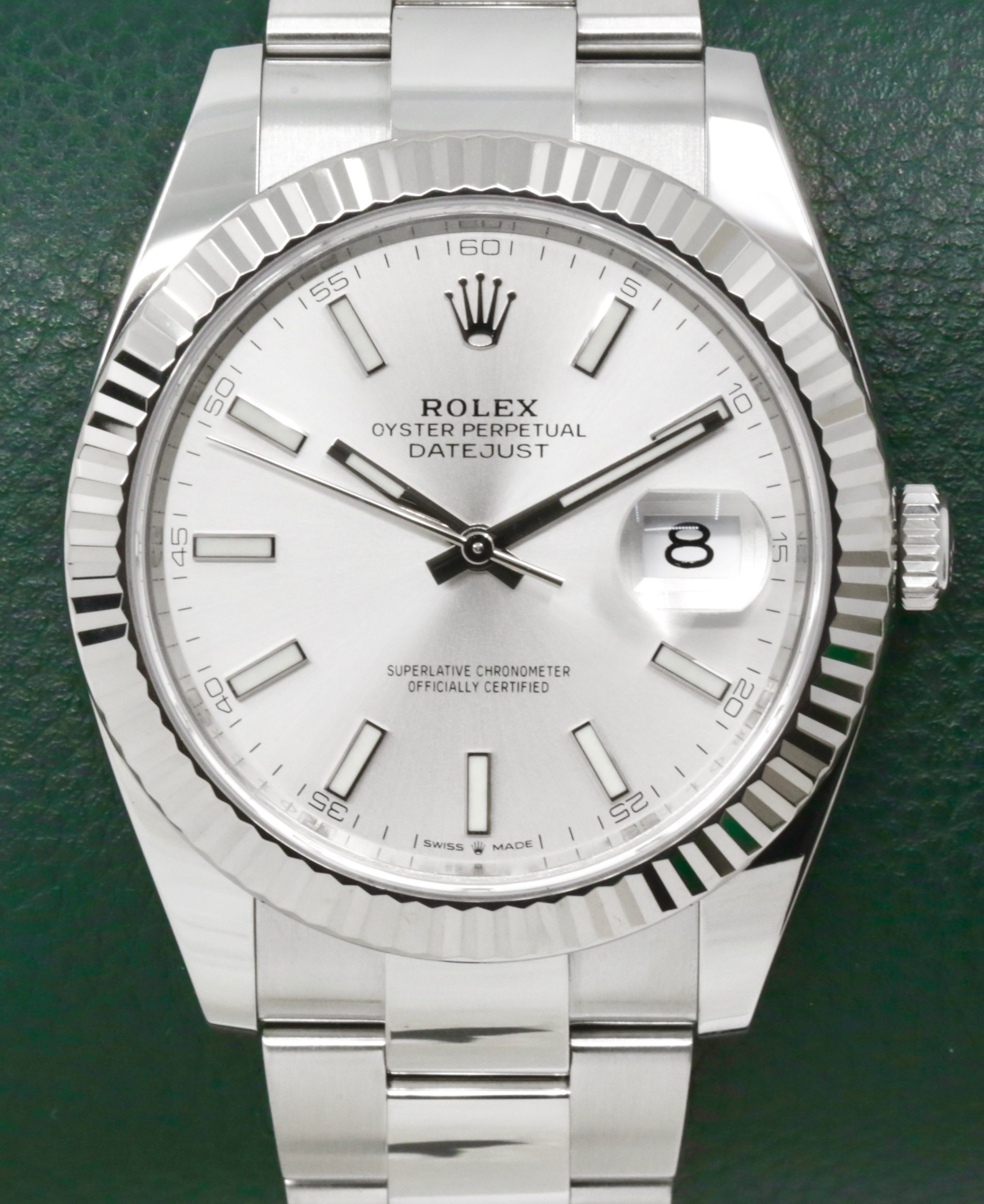 Rolex Datejust 41, in Stainless Steel, 18ct White Gold Fluted Bezel, Silver Index Dial, on Stainless Steel Rolex Oyster Bracelet, Ref. 126334, Circa: 2020, Complete with Box, Books, Green & White Swing Tags, Rolex Warranty Card & Balance of 5 Year Rolex Factory Warranty