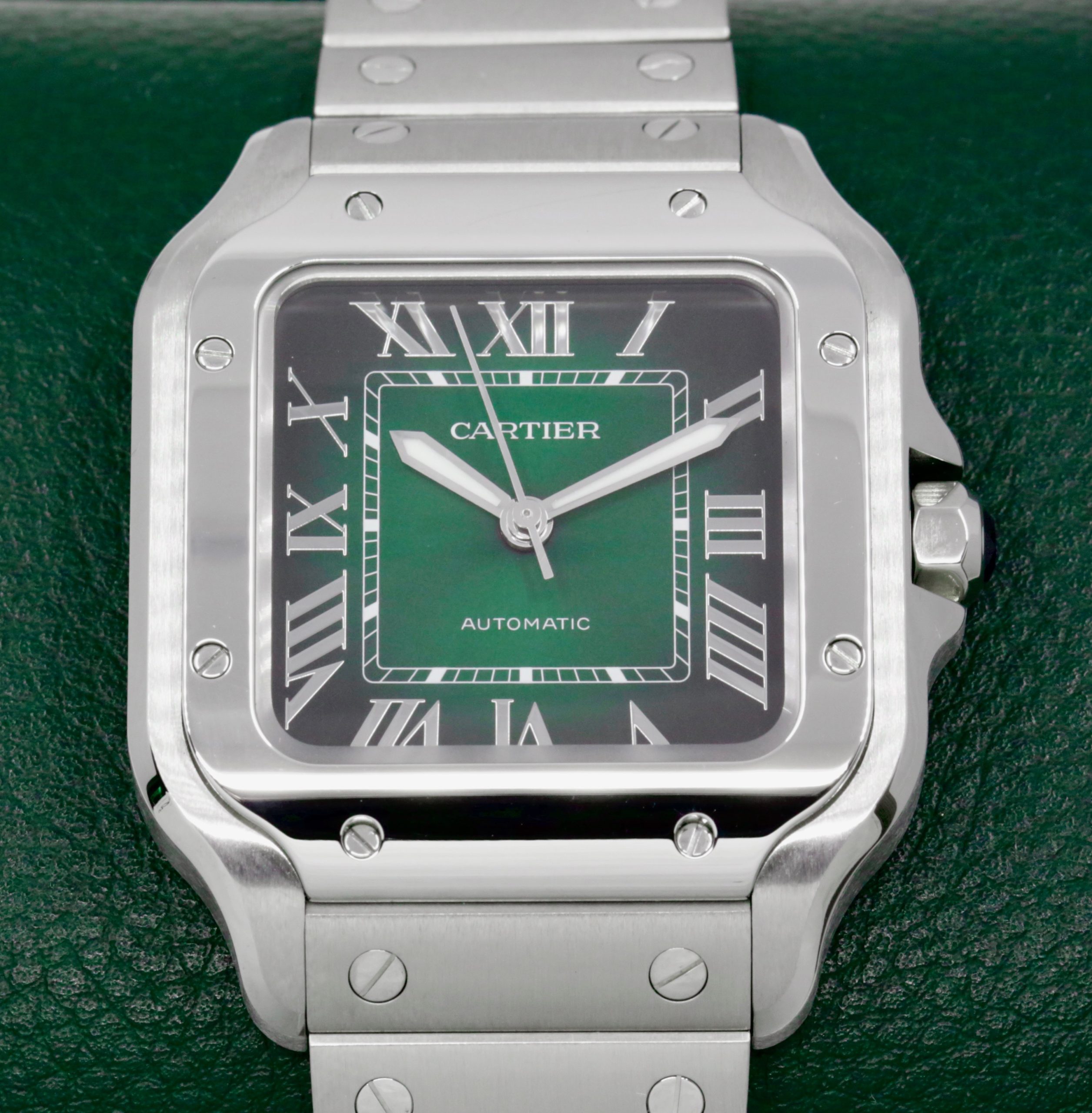 *UNWORN* Cartier Santos De Cartier Watch, Medium Size, Stainless Steel, Graduated Green Roman Dial, on Stainless Steel Cartier Bracelet, Ref. WSSA0061, Circa: 2024, Complete with Box, Papers & Balance of 2 Year Cartier Factory Warranty