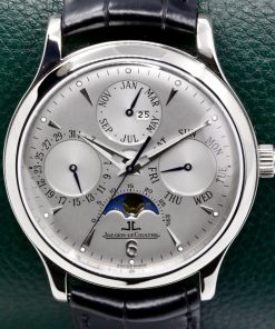 Jaeger-LeCoultre Master Quantieme Perpetual Calendar Moon Phase in 18ct White Gold.  Silver index dial with Day, Date, Month and year indicators on JLC Alligator Leather Strap with 18ct White Gold JLC Deployant, Ref.140.3.80, with Box & Book, "Just Returned from a full JLC Service"