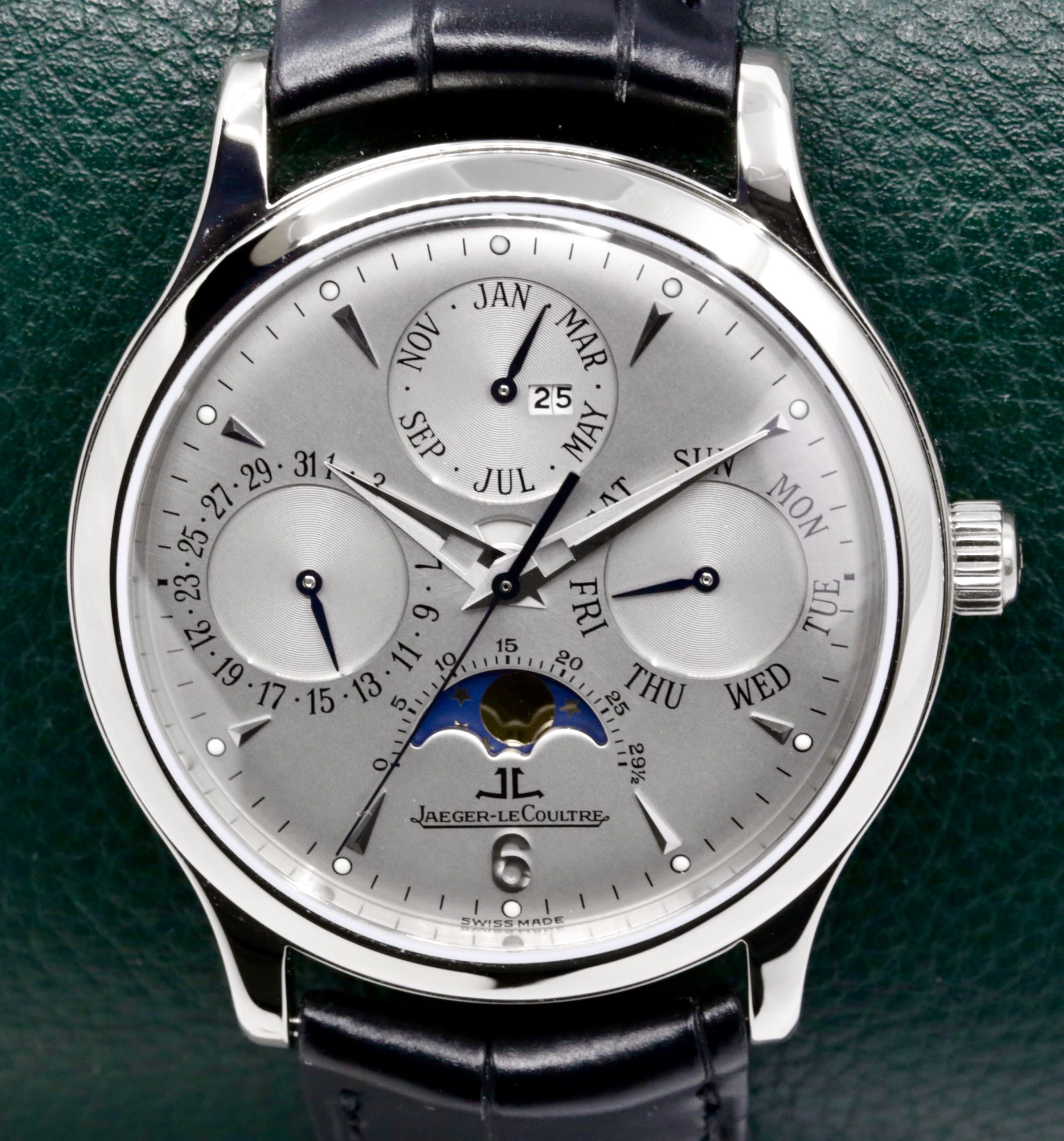 Jaeger-LeCoultre Master Quantieme Perpetual Calendar Moon Phase in 18ct White Gold. Silver index dial with Day, Date, Month and year indicators on JLC Alligator Leather Strap with 18ct White Gold JLC Deployant, Ref.140.3.80, with Box & Book, "Just Returned from a full JLC Service"