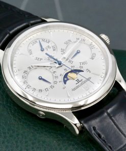 Alternative view of Jaeger-LeCoultre Master Quantieme Perpetual Calendar Moon Phase in 18ct White Gold.  Silver index dial with Day, Date, Month and year indicators on JLC Alligator Leather Strap with 18ct White Gold JLC Deployant, Ref.140.3.80, with Box & Book, "Just Returned from a full JLC Service"