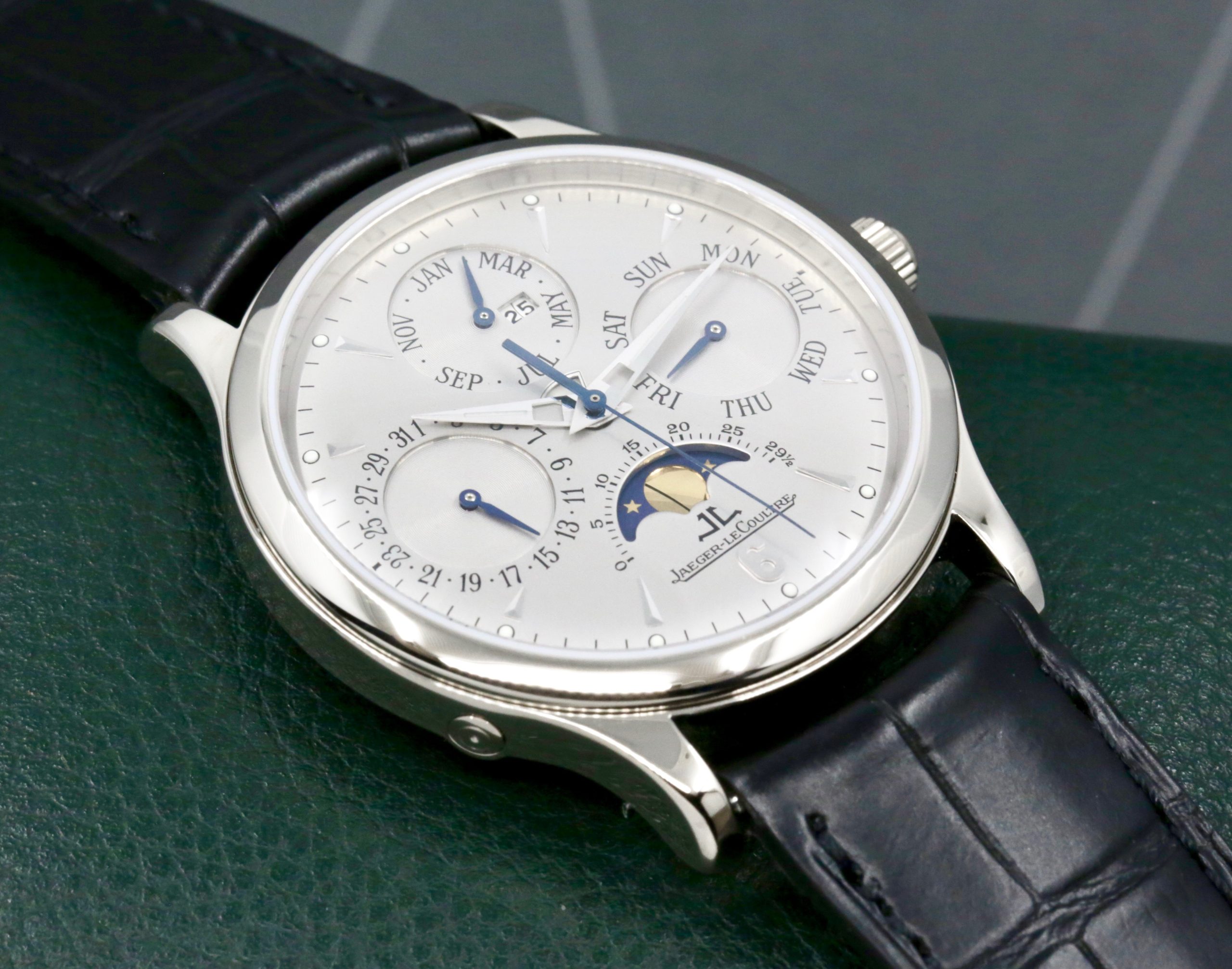 Jaeger-LeCoultre Master Quantieme Perpetual Calendar Moon Phase in 18ct White Gold. Silver index dial with Day, Date, Month and year indicators on JLC Alligator Leather Strap with 18ct White Gold JLC Deployant, Ref.140.3.80, with Box & Book, "Just Returned from a full JLC Service" - Image 2
