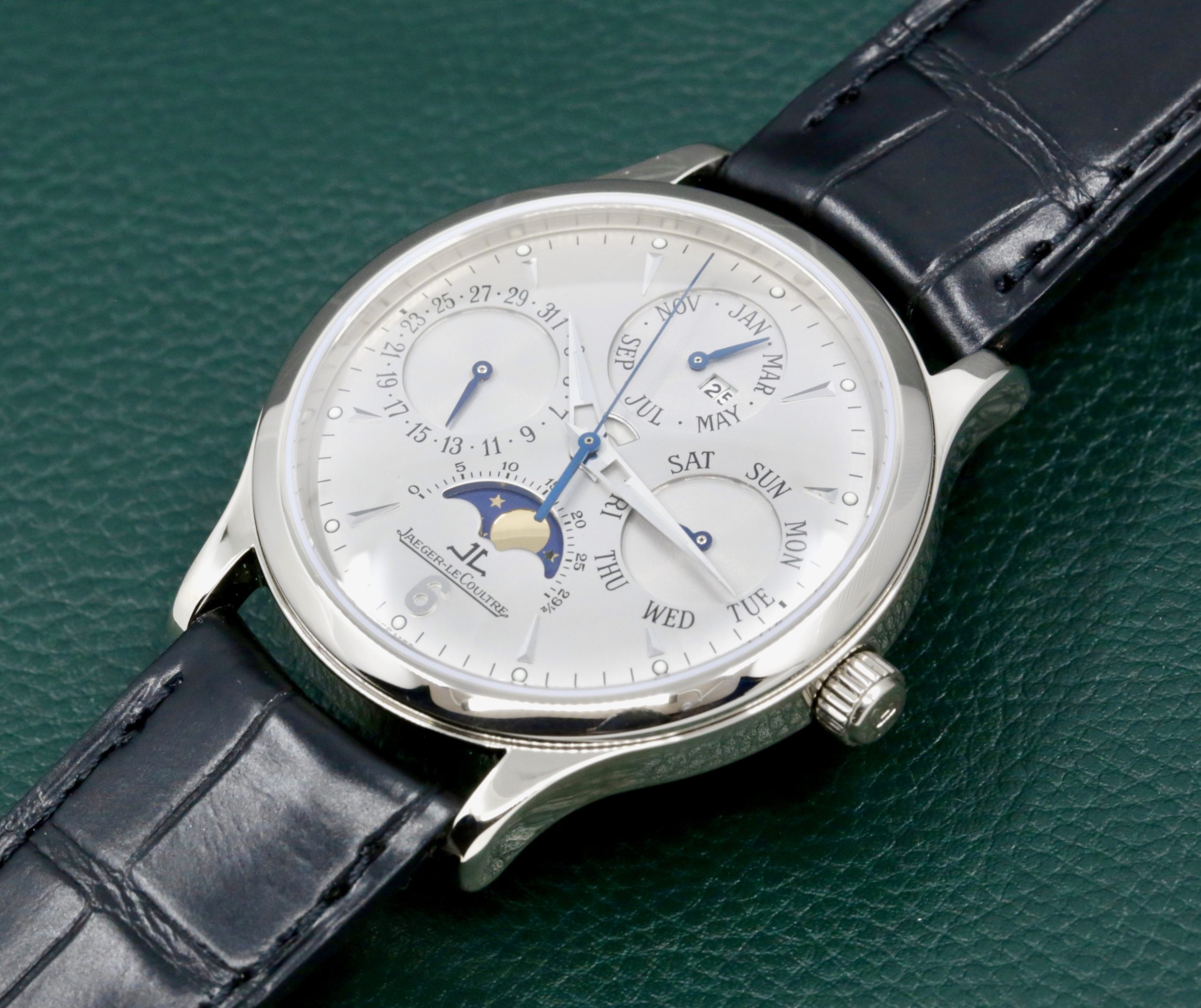 Jaeger-LeCoultre Master Quantieme Perpetual Calendar Moon Phase in 18ct White Gold. Silver index dial with Day, Date, Month and year indicators on JLC Alligator Leather Strap with 18ct White Gold JLC Deployant, Ref.140.3.80, with Box & Book, "Just Returned from a full JLC Service" - Image 3
