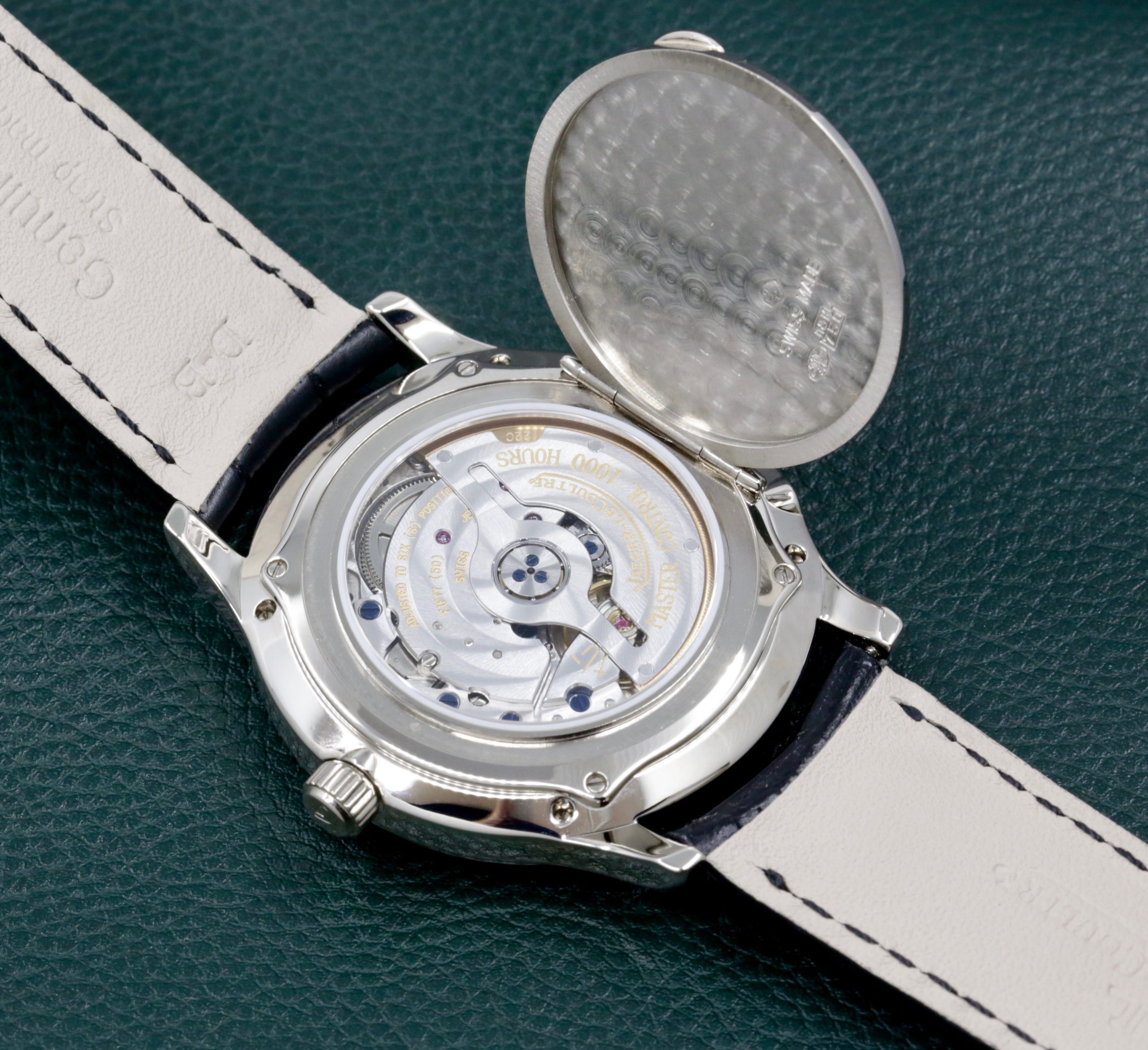 Jaeger-LeCoultre Master Quantieme Perpetual Calendar Moon Phase in 18ct White Gold. Silver index dial with Day, Date, Month and year indicators on JLC Alligator Leather Strap with 18ct White Gold JLC Deployant, Ref.140.3.80, with Box & Book, "Just Returned from a full JLC Service" - Image 6