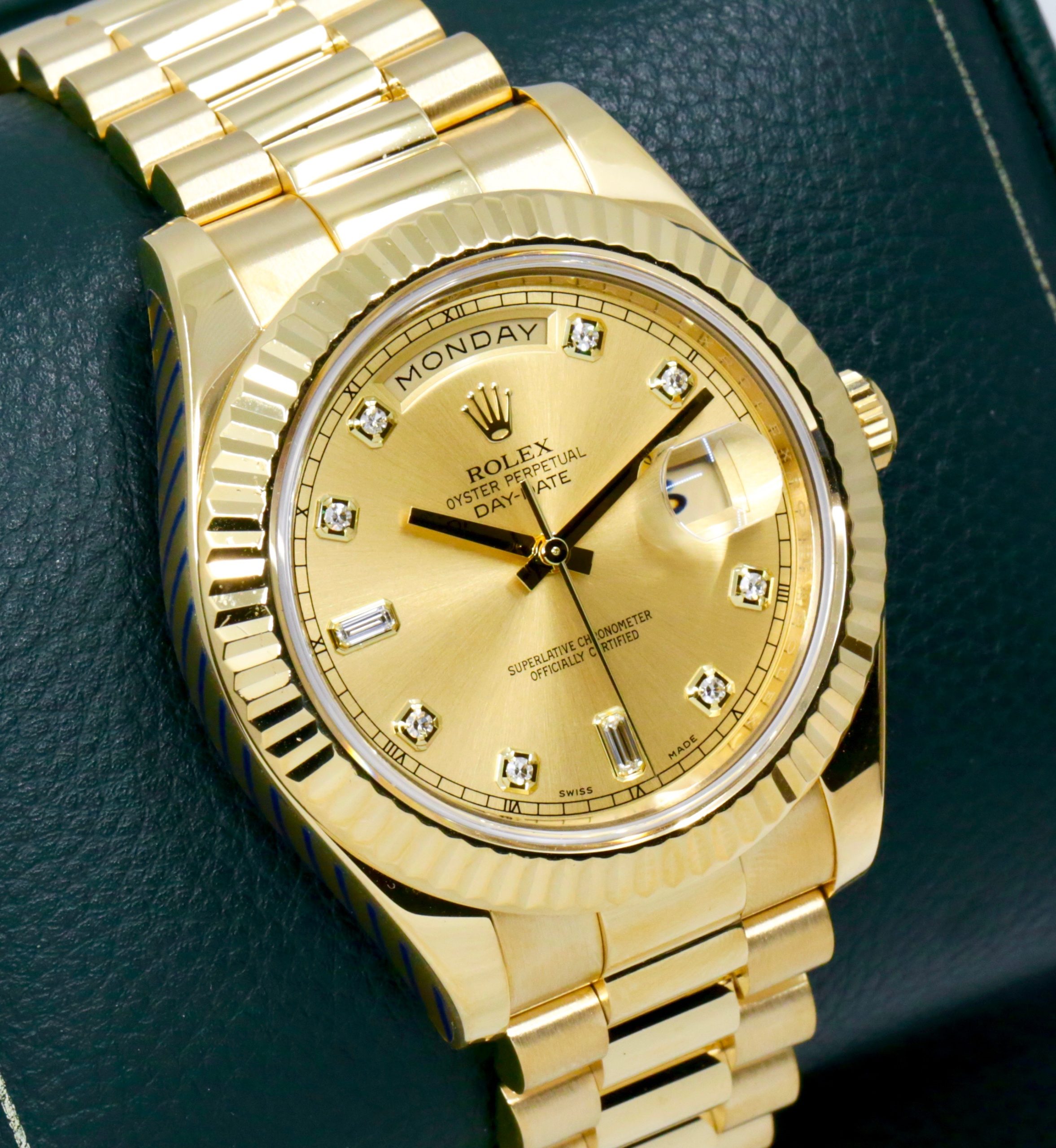 Rolex Day-Date II, 41mm, in 18ct Yellow Gold, Factory Set Champagne Diamond Dial on 18ct Yellow Gold Rolex President Bracelet, Ref. 218238,Circa: 2009, with Box, Books, Rolex Warranty Card, Rolex Service Card & Balance of 2 Year Rolex Service Warranty