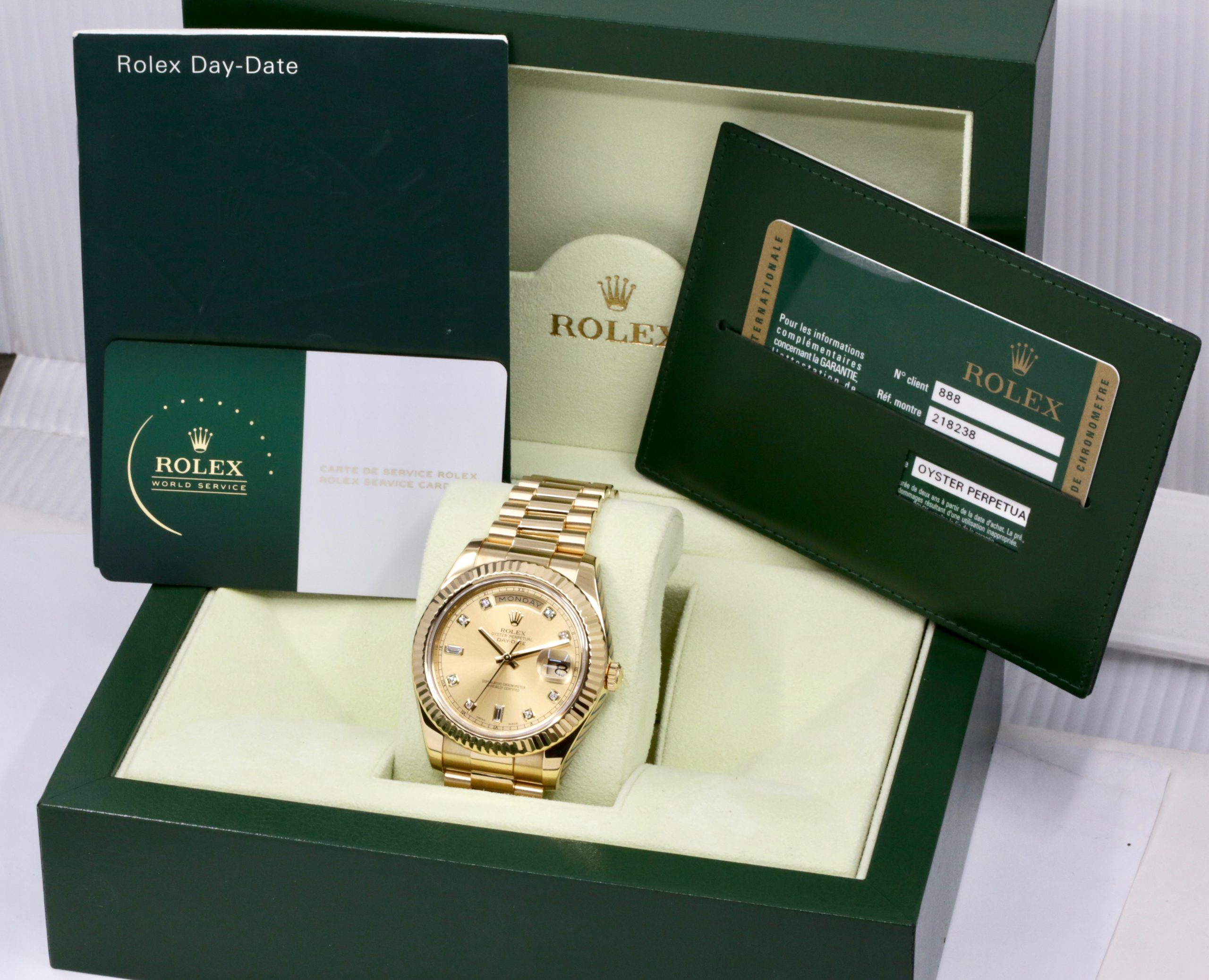 Rolex Day-Date II, 41mm, in 18ct Yellow Gold, Factory Set Champagne Diamond Dial on 18ct Yellow Gold Rolex President Bracelet, Ref. 218238,Circa: 2009, with Box, Books, Rolex Warranty Card, Rolex Service Card & Balance of 2 Year Rolex Service Warranty - Image 7