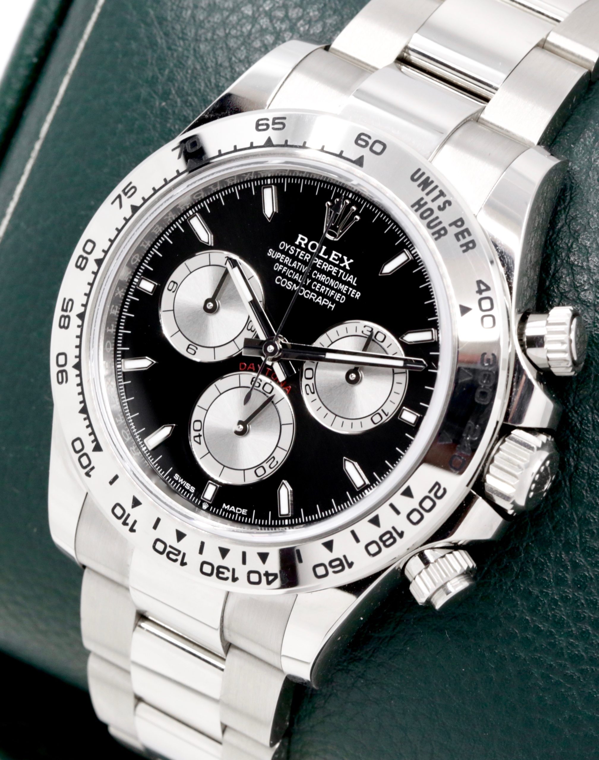 Rolex Cosmograph Daytona, in 18ct White Gold, Black Index Dial with Silver Sub-Dials, on 18ct White Gold Rolex Oyster Bracelet, Ref. 126509, Circa: 2024, Complete with Box, Books, Green & White Swing Tags, Rolex Warranty Card & Balance of 5 Year Rolex Factory Warranty "$77,000" - Image 3