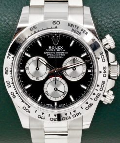 Rolex Cosmograph Daytona, in 18ct White Gold, Black Index Dial with Silver Sub-Dials, on 18ct White Gold Rolex Oyster Bracelet, Ref. 126509, Circa: 2024, Complete with Box, Books, Green & White Swing Tags, Rolex Warranty Card & Balance of 5 Year Rolex Factory Warranty "$77,000"