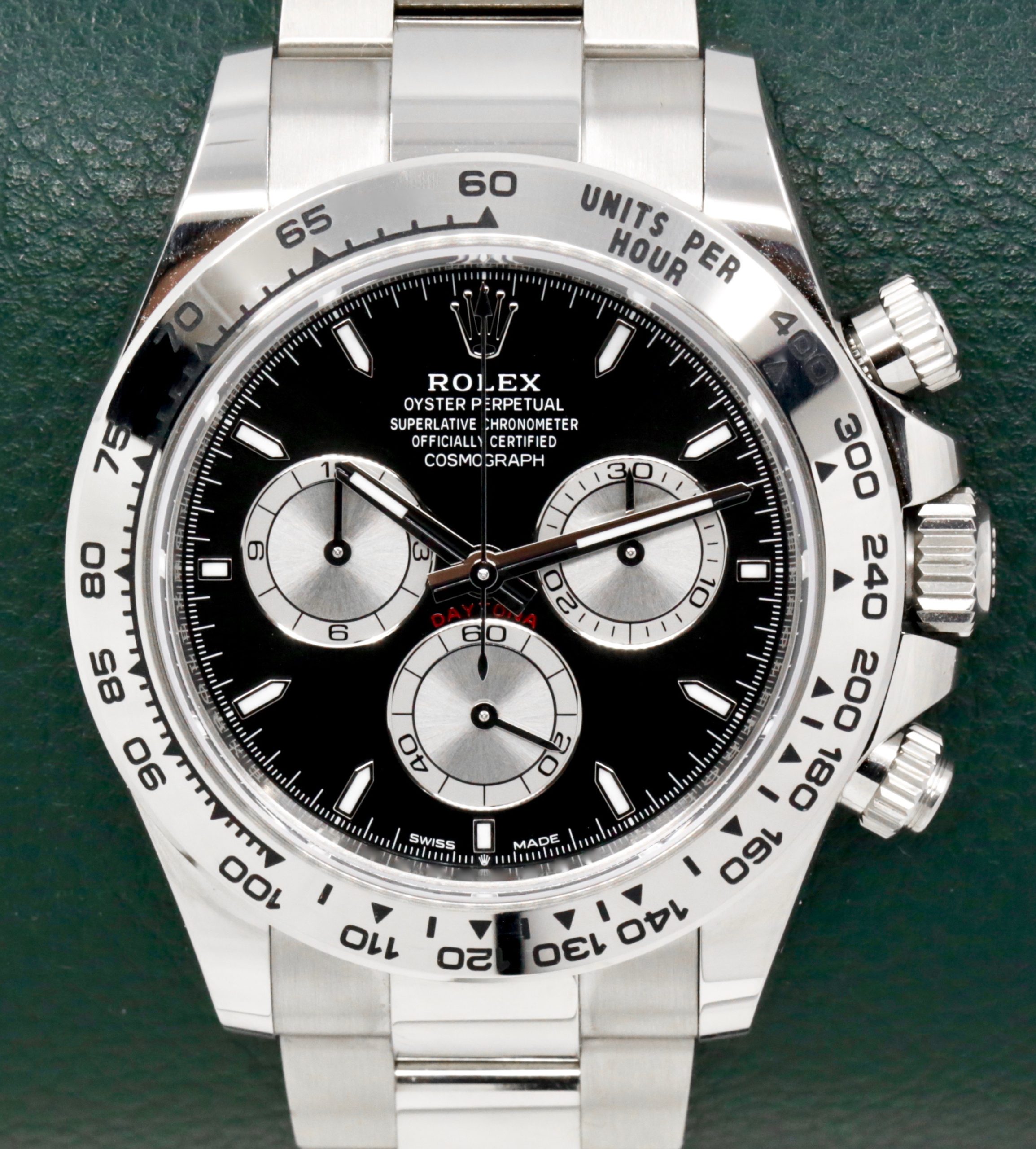 Rolex Cosmograph Daytona, in 18ct White Gold, Black Index Dial with Silver Sub-Dials, on 18ct White Gold Rolex Oyster Bracelet, Ref. 126509, Circa: 2024, Complete with Box, Books, Green & White Swing Tags, Rolex Warranty Card & Balance of 5 Year Rolex Factory Warranty "$77,000"