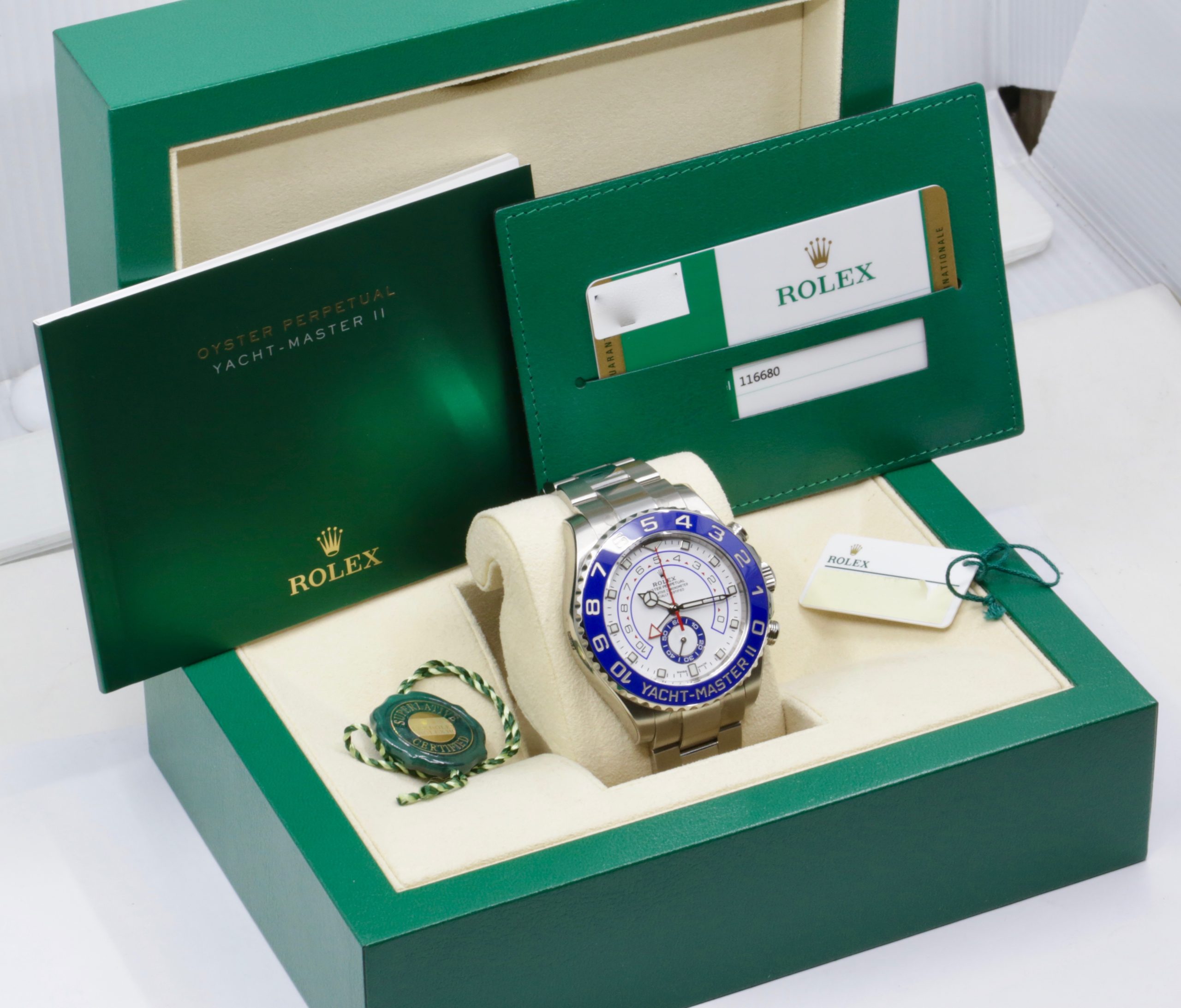 Rolex Yacht-Master II, 44mm, Stainless Steel, Blue Ceramic Bezel, White Index Dial, on Stainless Steel Rolex Oyster Bracelet, Ref. 116680, Circa: 2018, Complete with Box, Books, Swing Tags, & Rolex Warranty Card *NEAR MINT with stickers* - Image 8