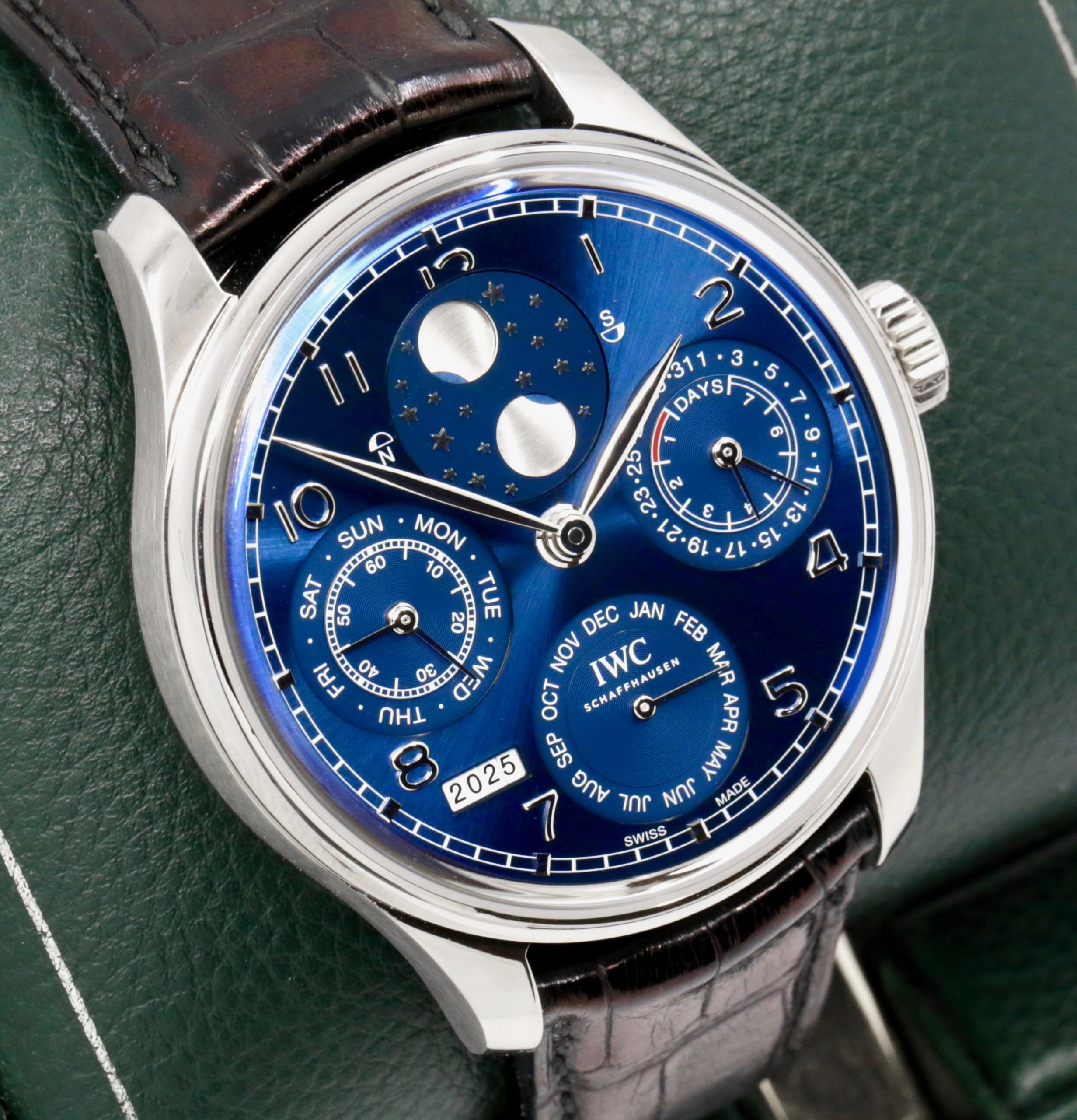 IWC Portugieser Perpetual Calendar, 18ct White Gold, Blue Arab Dial, on Black IWC Alligator Strap with 18ct White Gold Deployant, Ref. IW503401, Circa: 2018, with Box, Papers, & Balance of 2 Year IWC Service Warranty - OUR PRICE: $33,500 *HUGE SAVINGS OFF $67,600 RRP!!