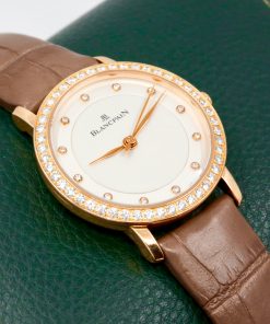 Blancpain Villeret Ultra Slim, Automatic, 29mm, in 18ct Rose Gold with Factory Set Diamond Bezel, Silver Dial with Factory Set Diamond Markers, on Brown Blancpain Alligator Leather Strap with 18ct Rose Gold Blancpain Tang Buckle, Ref. 6102-2987-55A, Circa: 2012, with Book, Extra Blancpain Strap, & Blancpain Warranty Card - $11,800