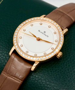 Alternative view of Blancpain Villeret Ultra Slim, Automatic, 29mm, in 18ct Rose Gold with Factory Set Diamond Bezel, Silver Dial with Factory Set Diamond Markers, on Brown Blancpain Alligator Leather Strap with 18ct Rose Gold Blancpain Tang Buckle, Ref. 6102-2987-55A, Circa: 2012, with Book, Extra Blancpain Strap, & Blancpain Warranty Card - $11,800