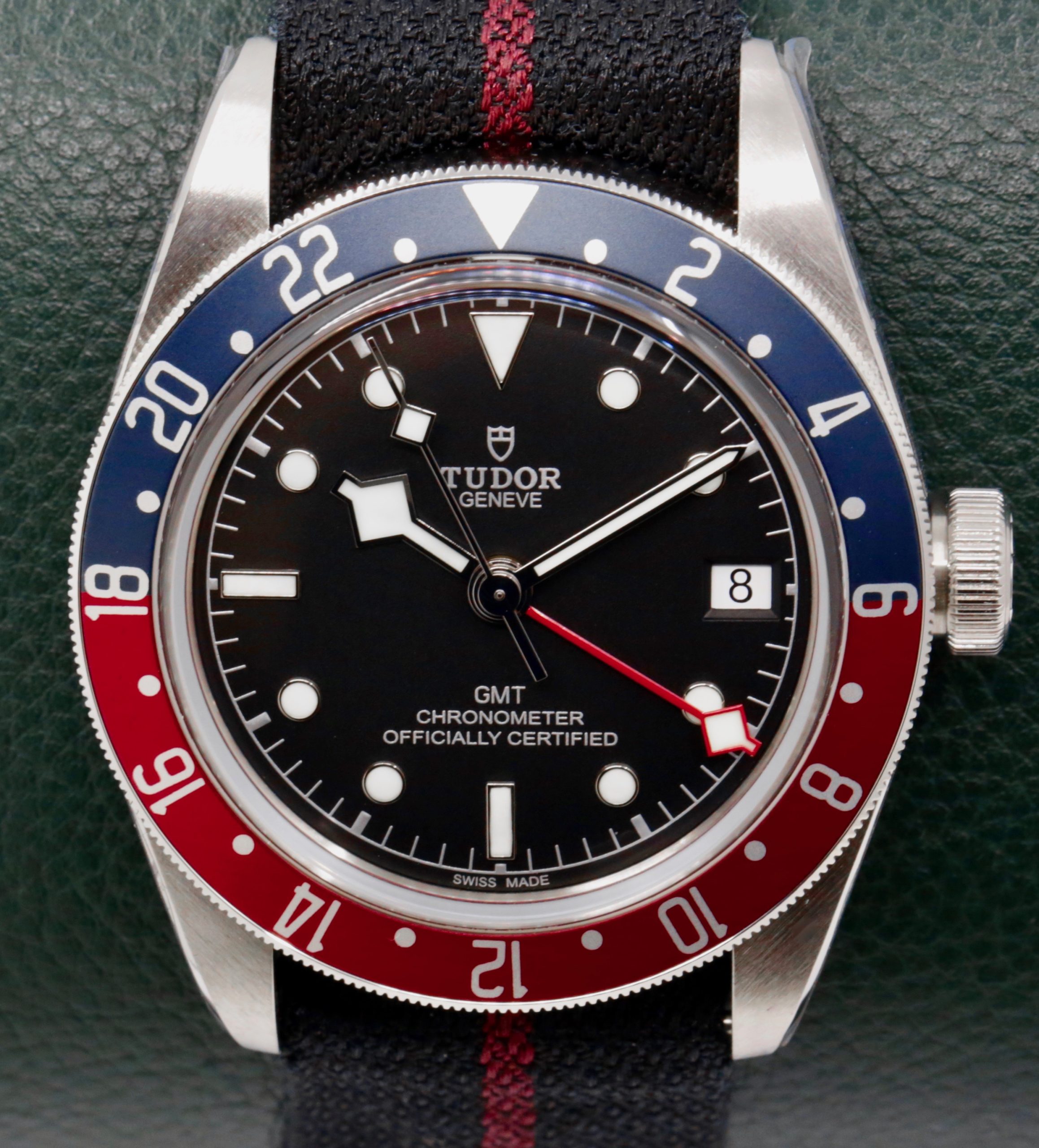 Tudor Black Bay GMT "Pepsi", 41mm, Stainless Steel, Black Index Dial, Blue & Red Bezel, on Black Tudor Nato Strap, Ref. 79830RB, Circa: 2019, with Box, Books, & Tudor Warranty Card