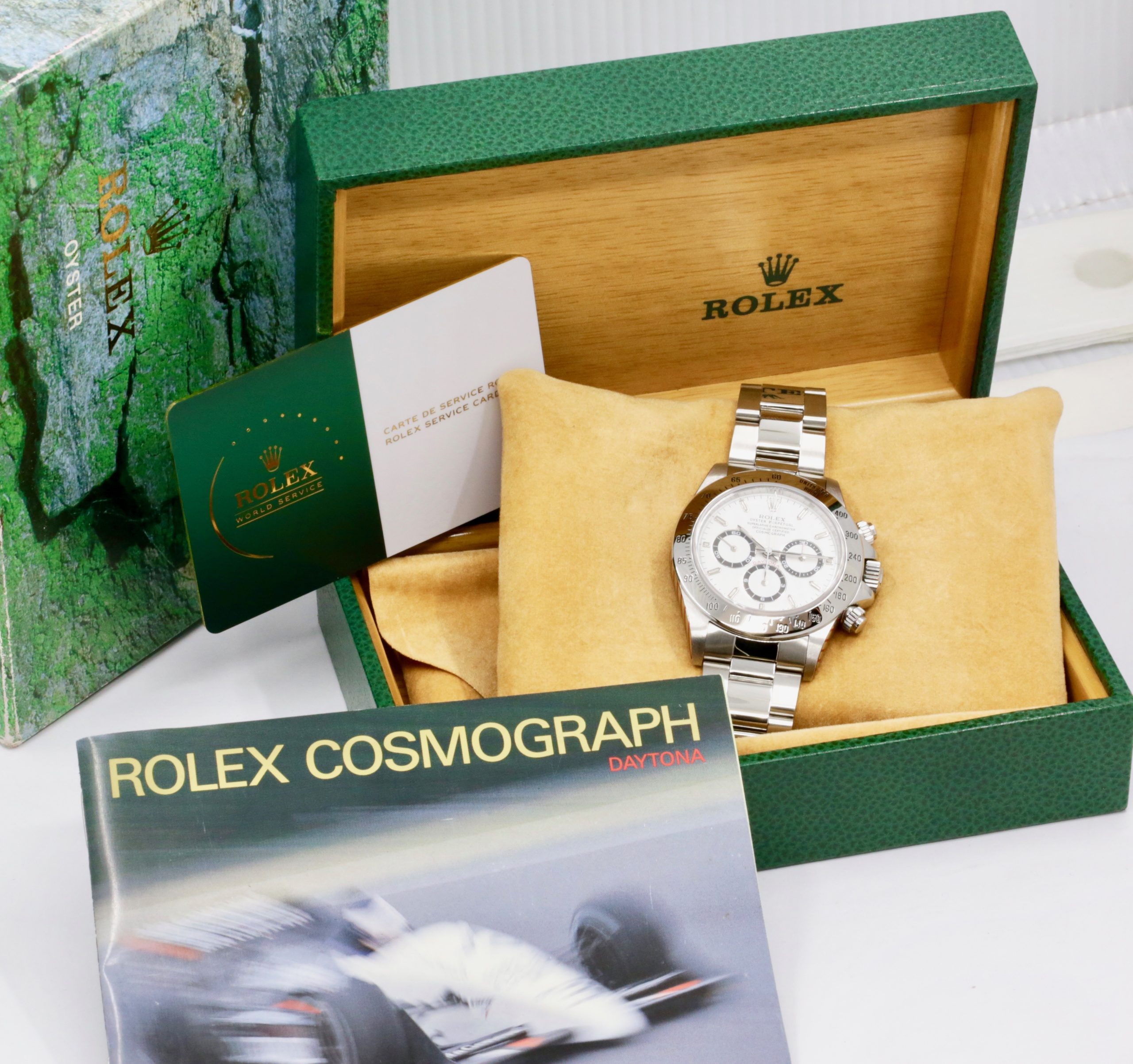 Rolex Cosmograph Daytona, Modified Zenith Movement, 40mm Stainless Steel Case, White Index Dial, on Stainless Steel Rolex Oyster Bracelet, Ref. 16520, Circa: 1997, with Box, Book, Rolex Service Card & Balance of 2 Year Rolex Service Warranty - Image 7