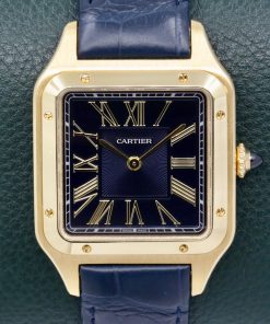 Cartier Santos Dumont, in 18ct Yellow Gold, Navy Blue Satin-Brushed Roman Dial, on Navy Blue Cartier Alligator Strap with 18ct Yellow Gold Cartier Tang Buckle, Ref. WGSA0077, Circa: 2024, with Box, Papers & Balance of 2 Year Cartier Factory Warranty